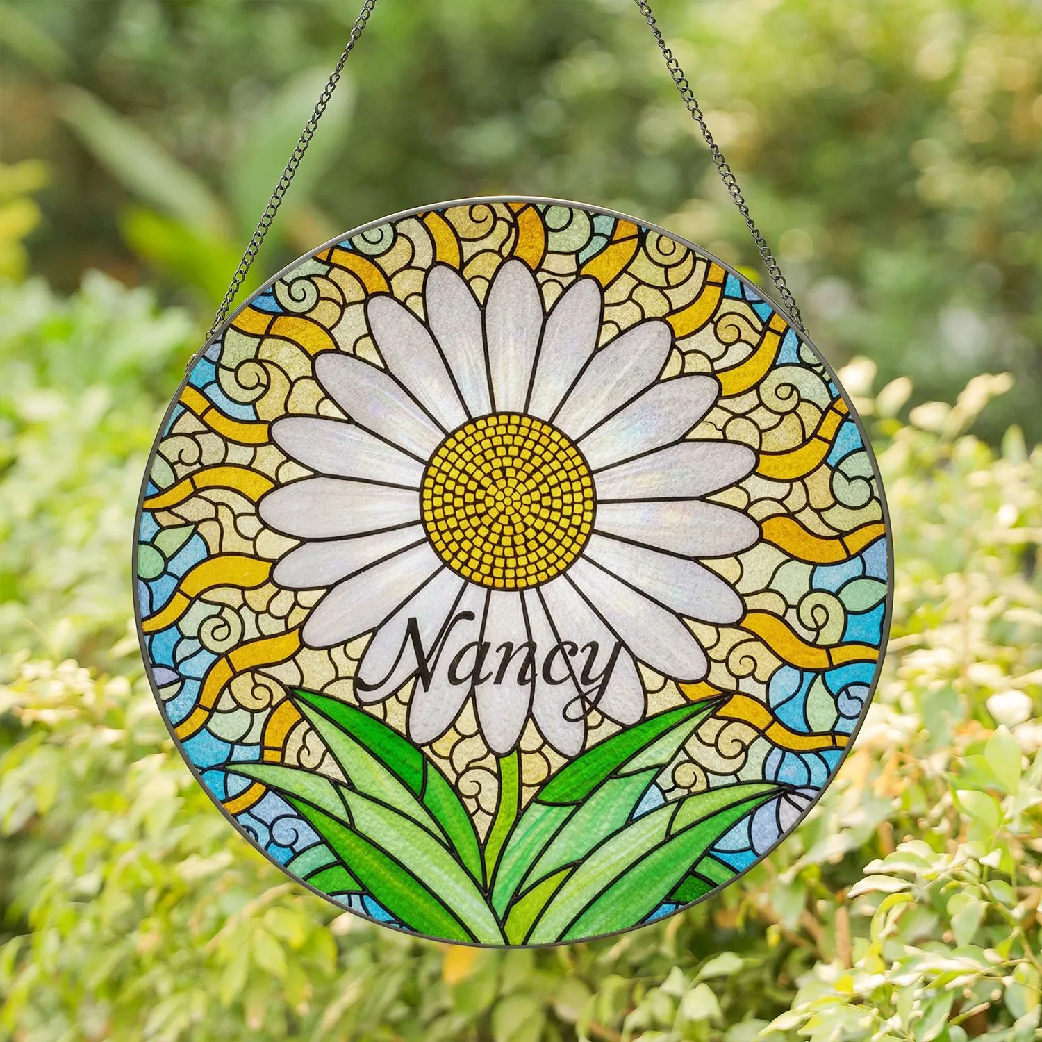Daisy Flower 'Nancy' Name Stained Glass Art - Mosaic Sun Ray Leaves Decor Personalized Gift Stained Glass Suncatcher - 1