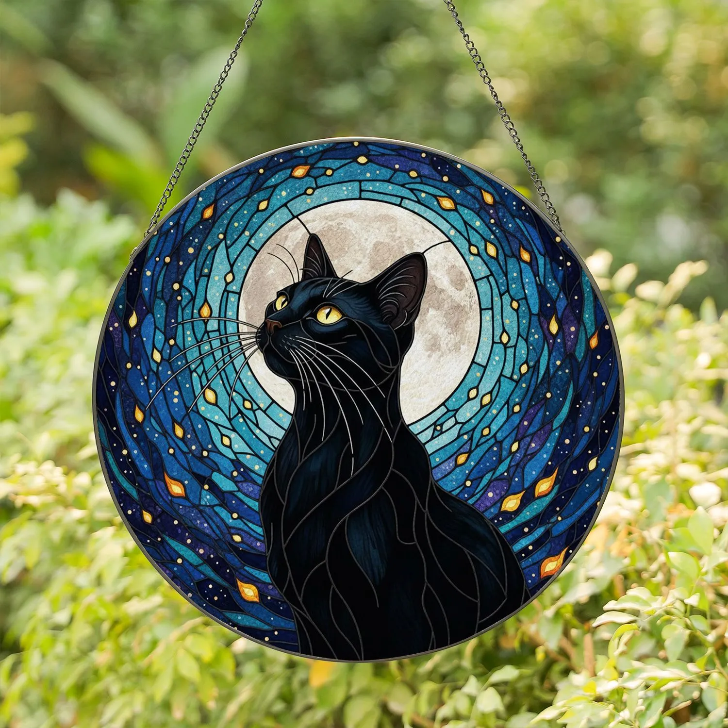 Black Cat Full Moon Cosmic Stained Glass Art - Jewel Tones Cat Lover Home Decor Gift Stained Glass Suncatcher - 1