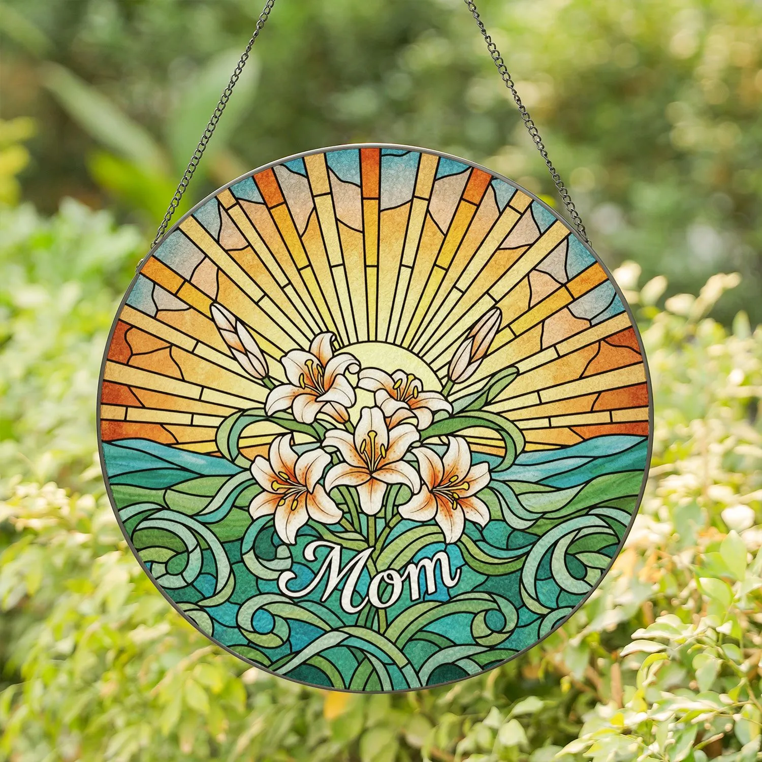Tiffany Stained Glass Lily Flowers "Mom" Script - Radiant Sunrise Hills Mother's Day Gift Stained Glass Suncatcher - 1