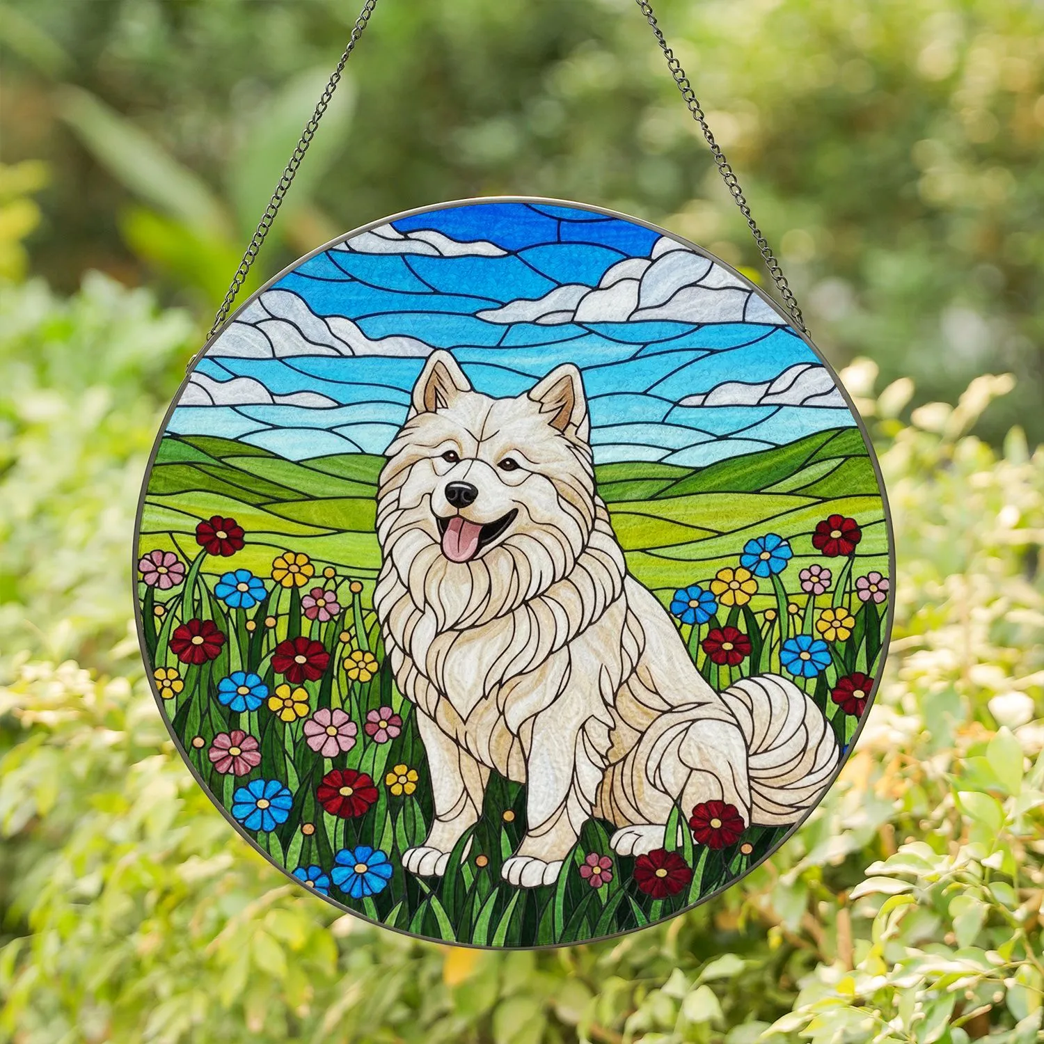 Fluffy Samoyed Dog Stained Glass Wildflower Hills Sky - Home Decor Gift for Dog Lovers Stained Glass Suncatcher - 1