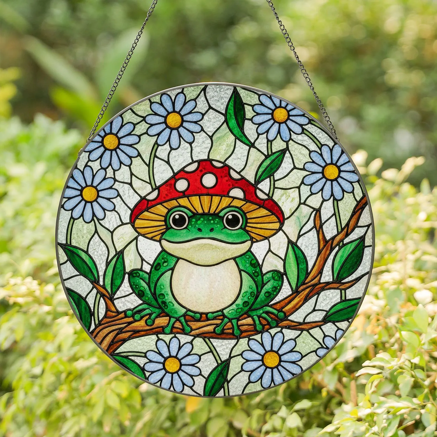Frog Mushroom Tiffany Stained Glass Daisies - Jewel Tone Nature Window Art Stained Glass Suncatcher - 1