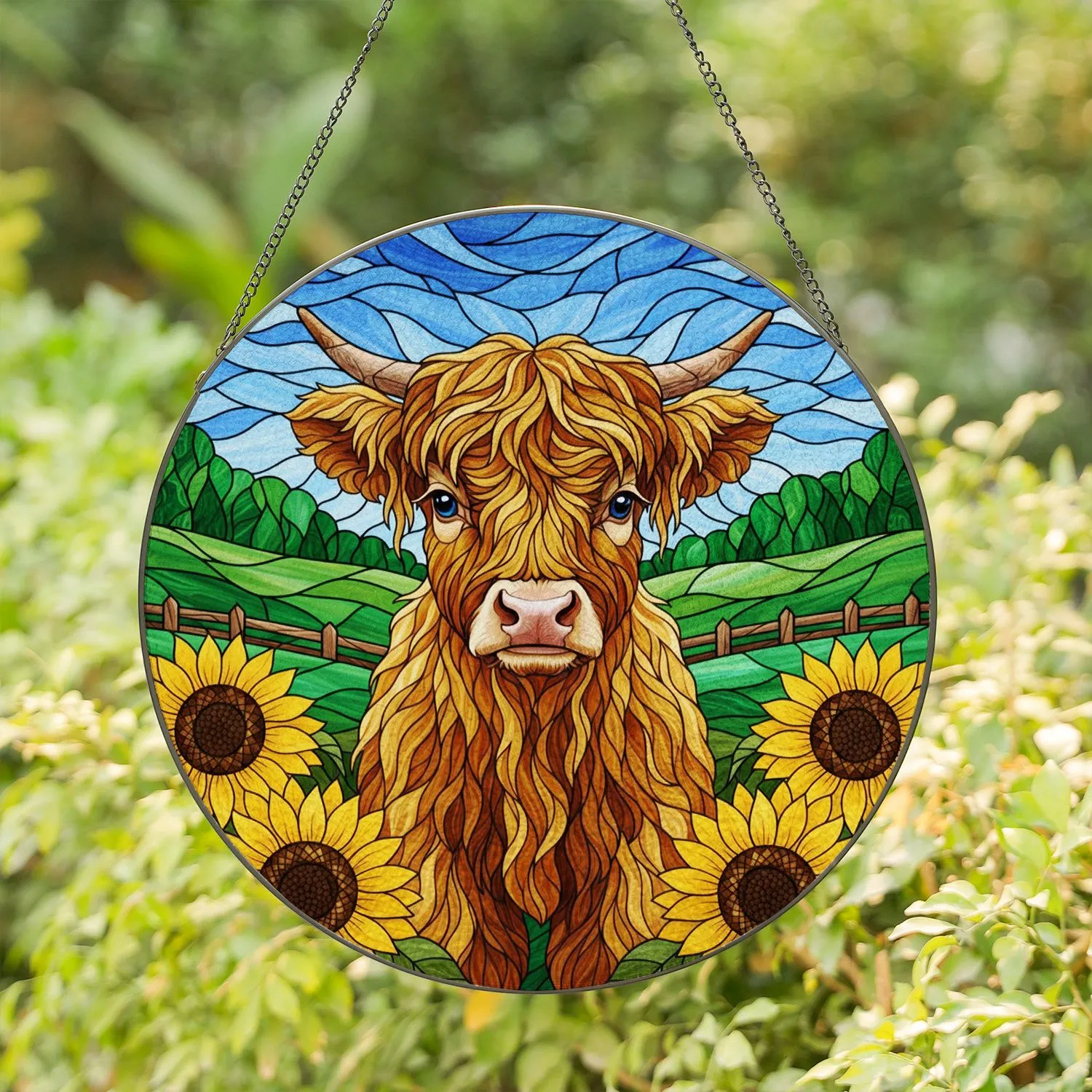 Highland Cow Calf Shaggy Fur Sunflowers Tiffany Stained Glass Pastoral Landscape Stained Glass Suncatcher - 1
