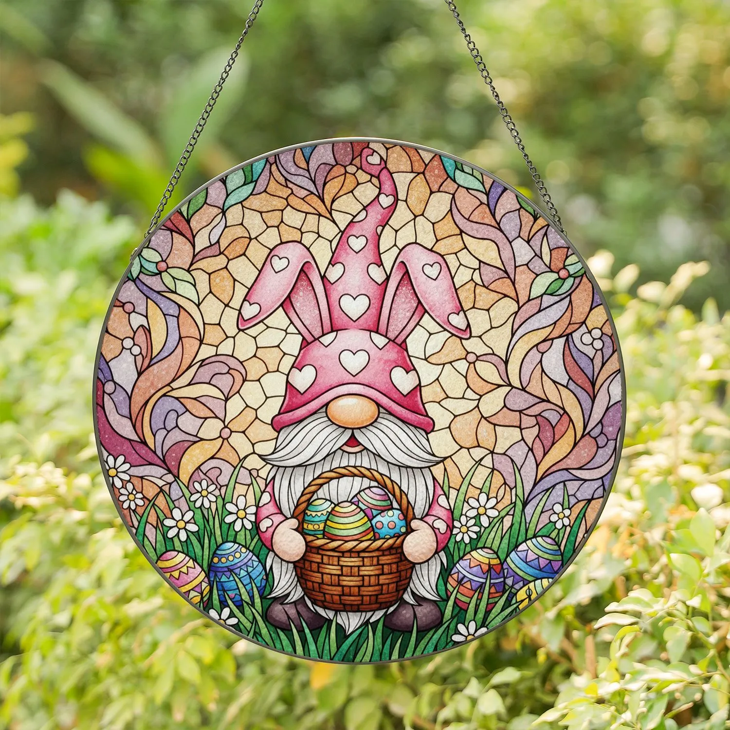 Easter Gnome Pink Hat Bunny Ears Stained Glass - Colorful Easter Eggs Spring Garden Decor Gift Stained Glass Suncatcher - 1