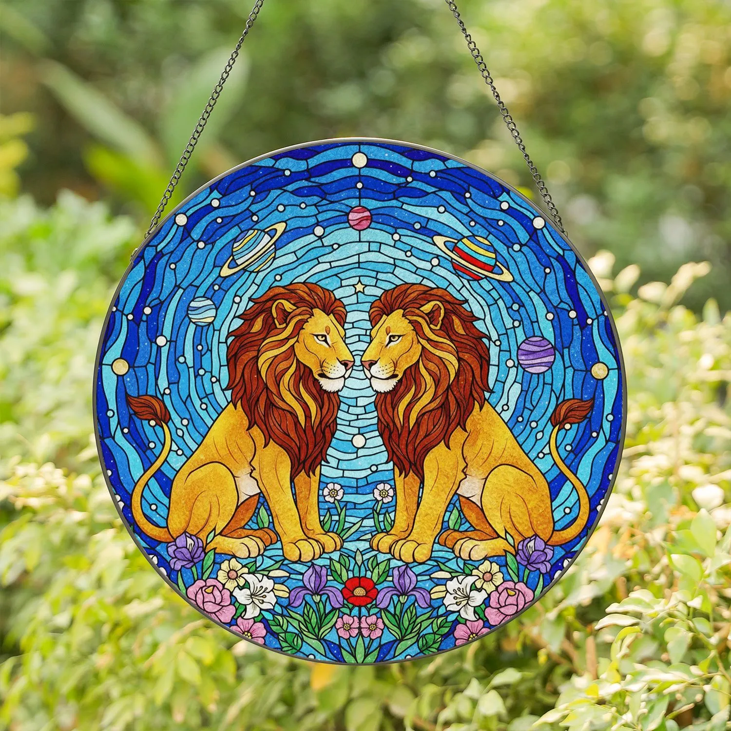 Majestic Golden Lions Tiffany Stained Glass Starry Night Wildflowers Jewel Tones Art Stained Glass Suncatcher - 1