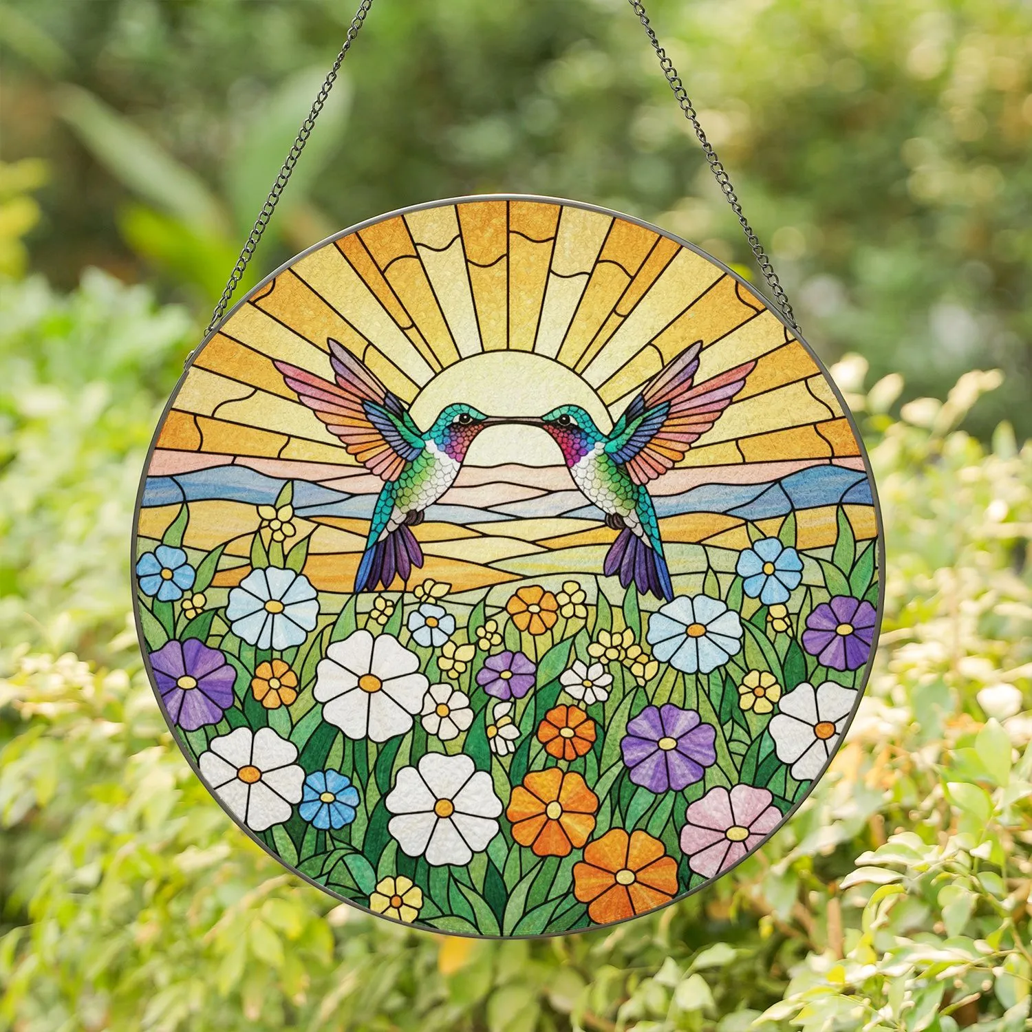 Hummingbirds Wildflower Jewel Tone Stained Glass Sunburst Sunset Art Home Decor Stained Glass Suncatcher - 1