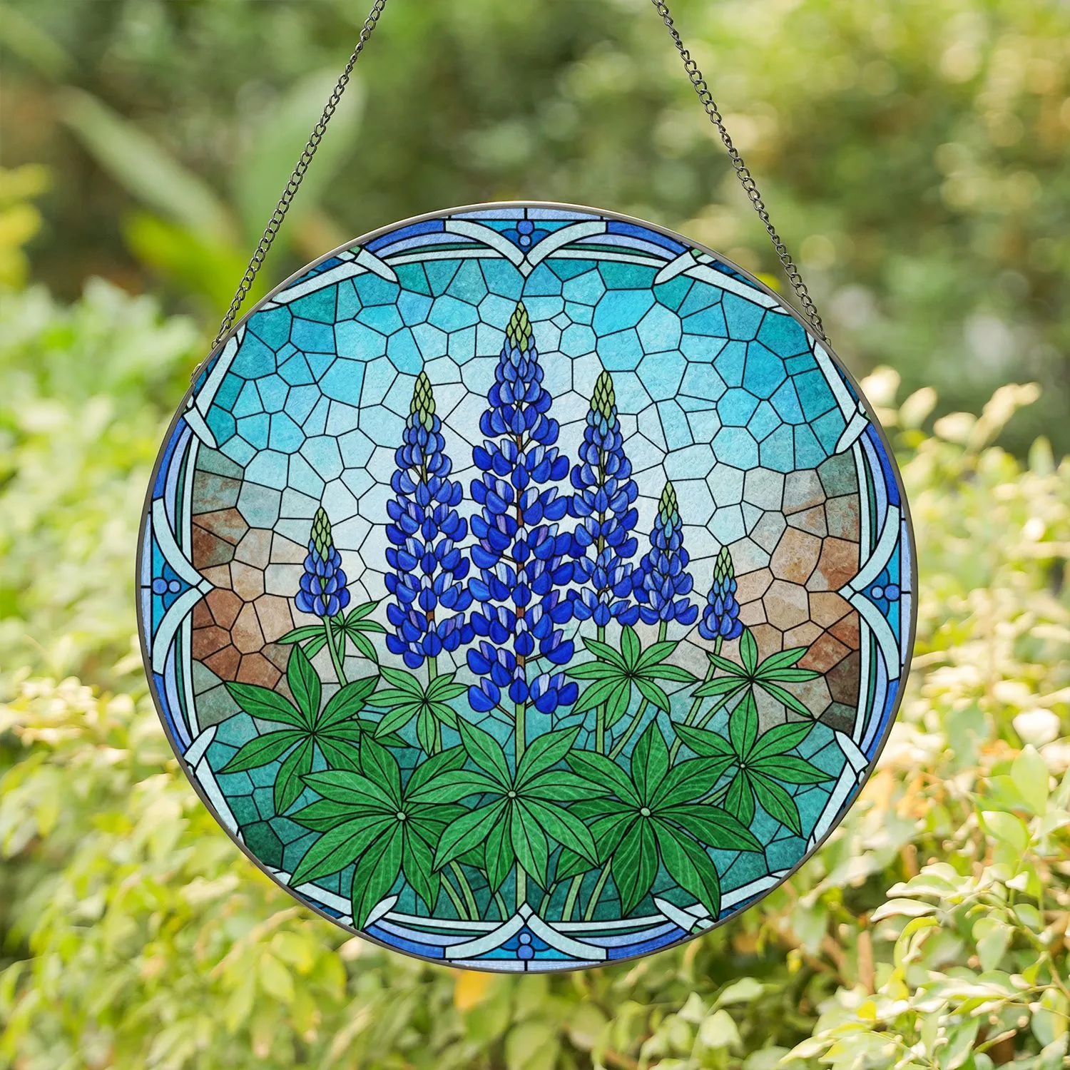 Blue Lupine Flowers Stained Glass Mosaic Tiffany Style - Intricate Window Decor Stained Glass Suncatcher - 1