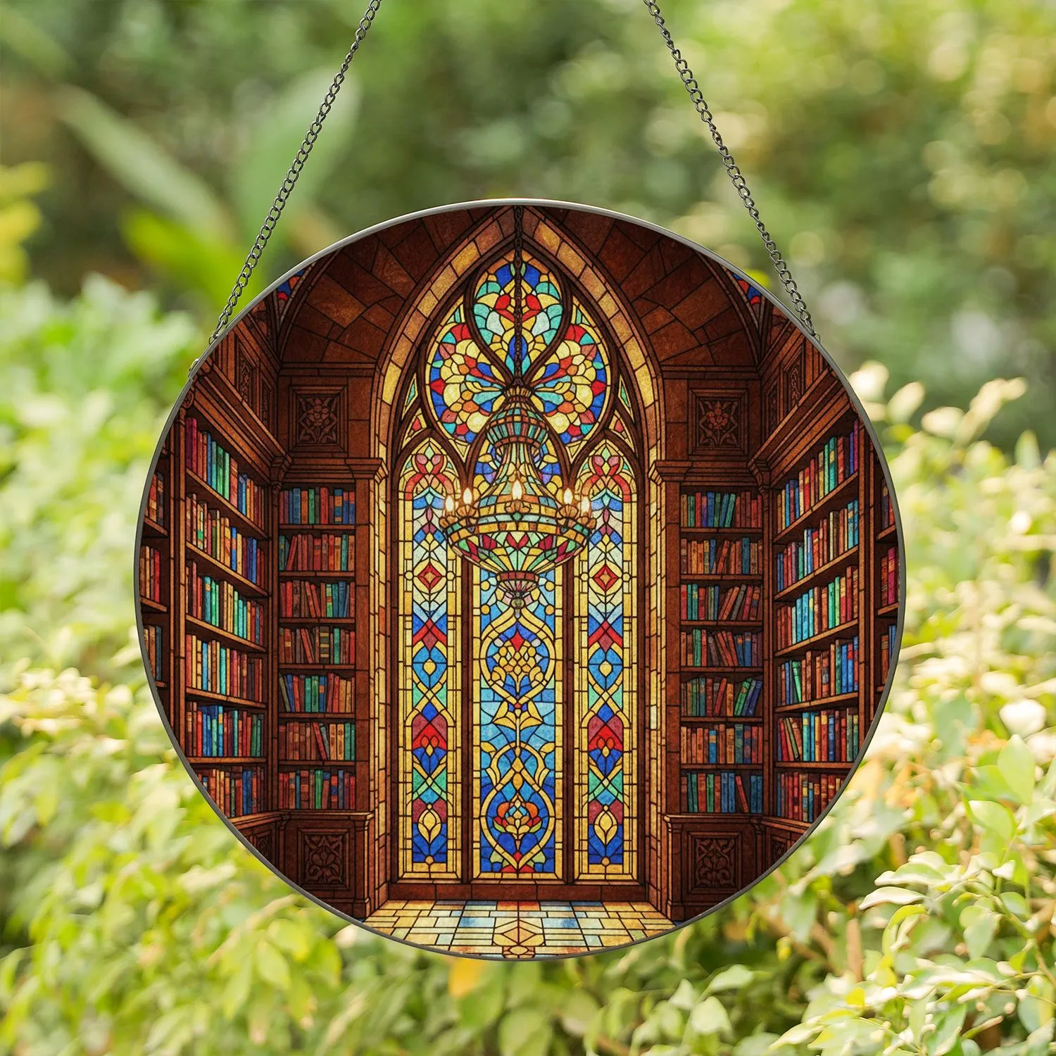 Opulent Library Stained Glass Window Chandelier Bookshelf Tiffany Style Art Home Decor Stained Glass Suncatcher - 1