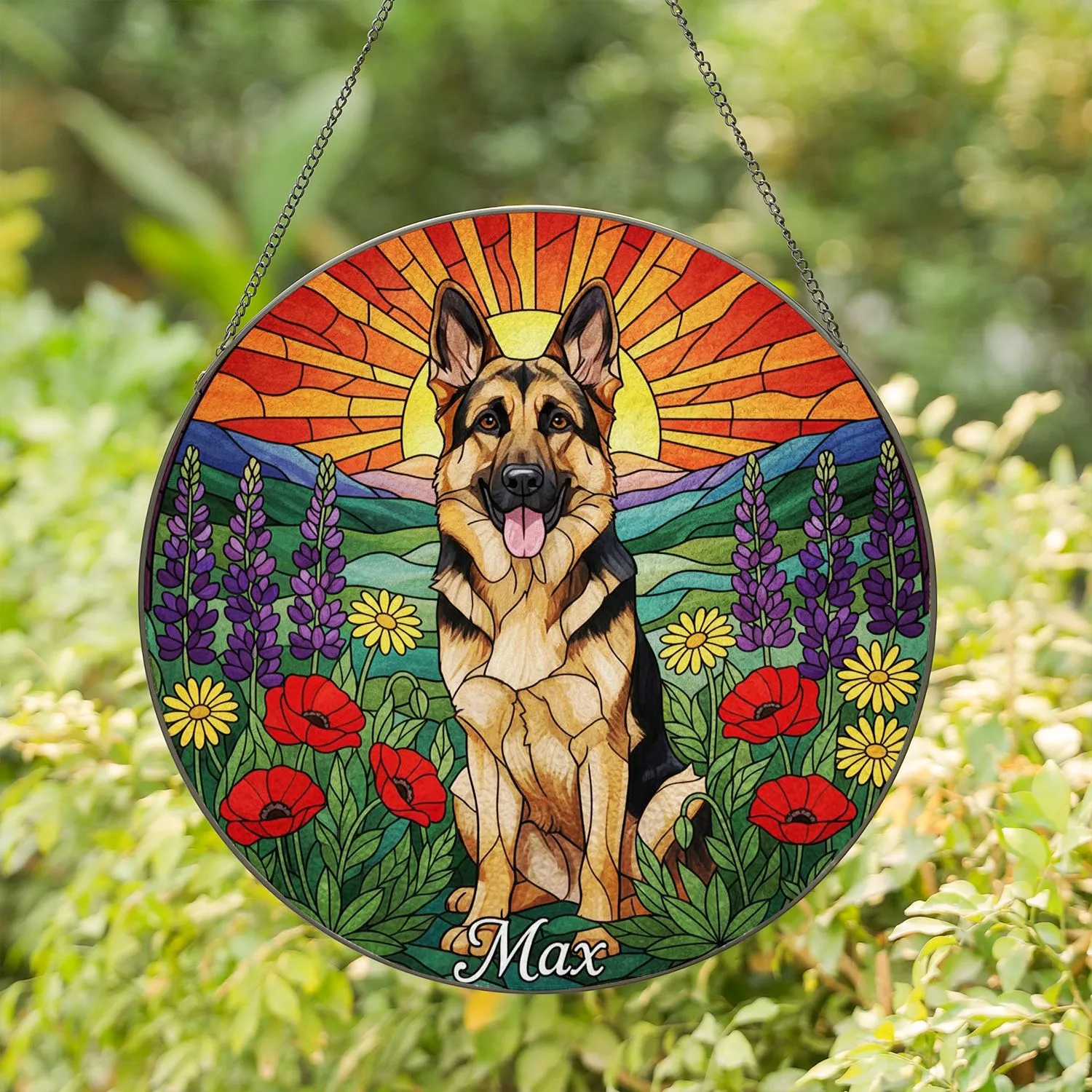 German Shepherd Stained Glass Art - Tiffany Style Dog Portrait Poppies Lupines Max Stained Glass Suncatcher - 1