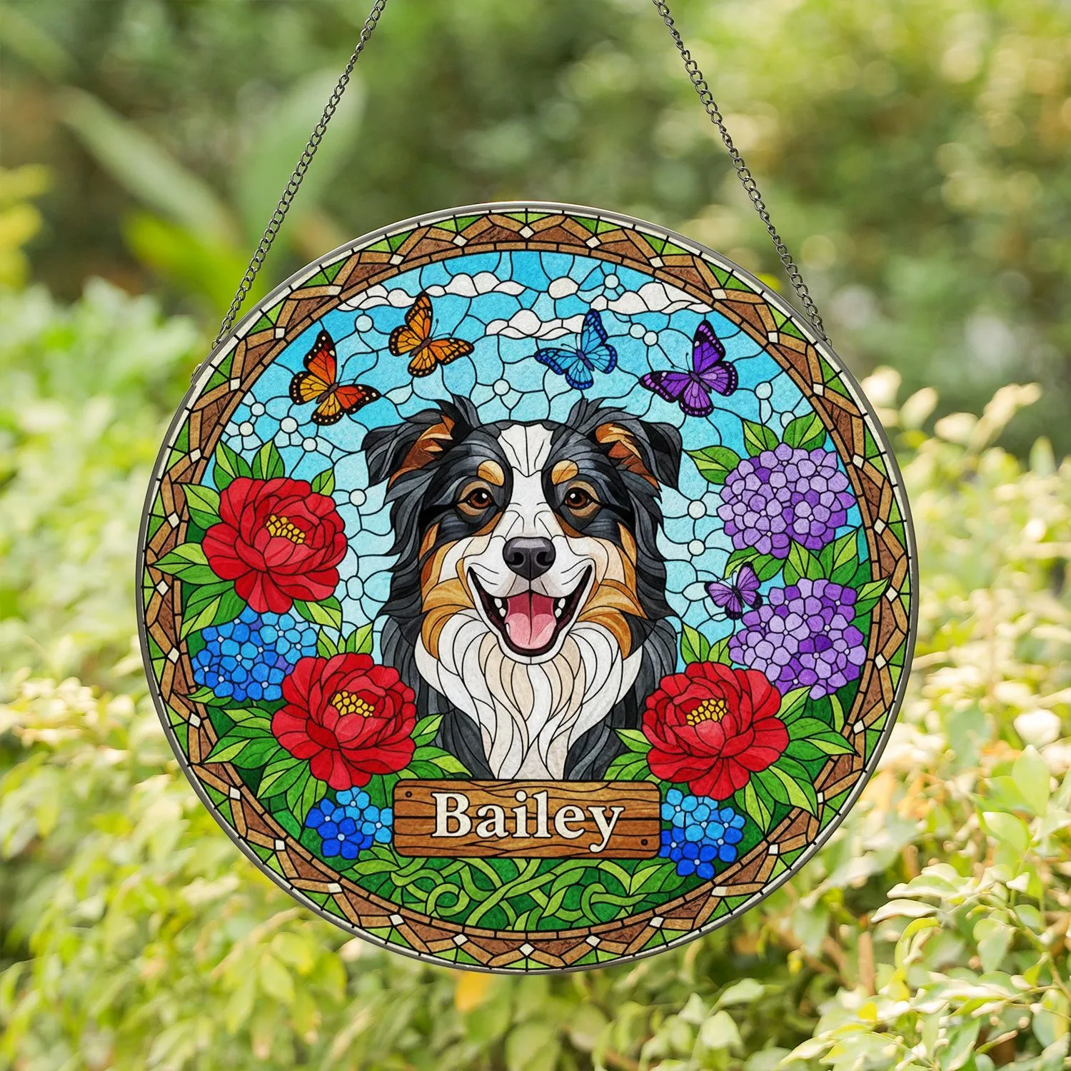 Smiling Tri-Color Australian Shepherd 'Bailey' Flowers Butterflies Stained Glass Mosaic Sky Art Stained Glass Suncatcher - 1