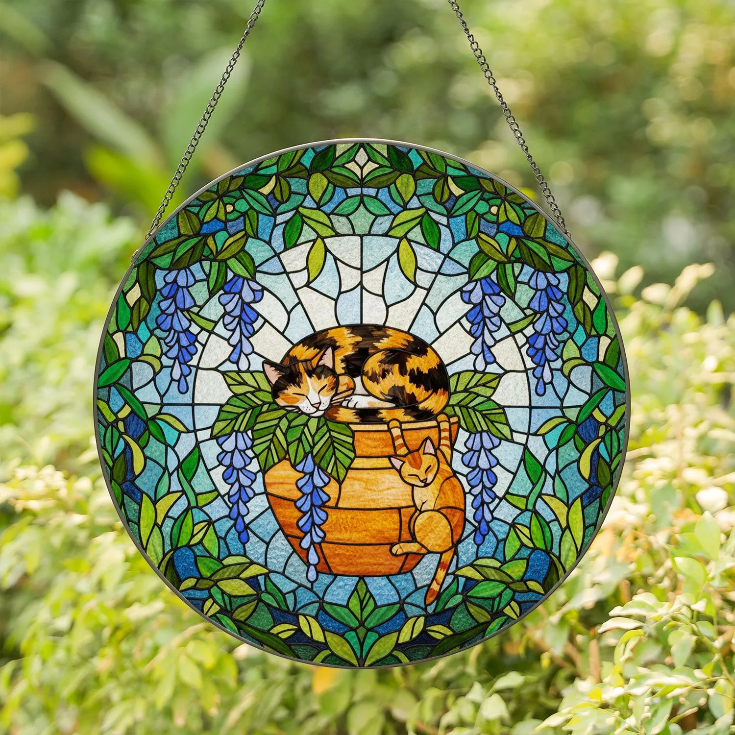 Sleeping Calico Cat Ginger Cat Flowerpot Stained Glass - Blue Wisteria Cat Lover Gift Stained Glass Suncatcher - 1