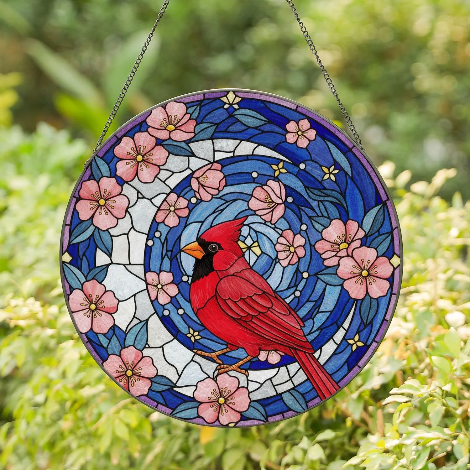 Red Cardinal Crescent Moon Stained Glass Flowers Sky Mosaic Translucent Jewel Tones Stained Glass Suncatcher - 1
