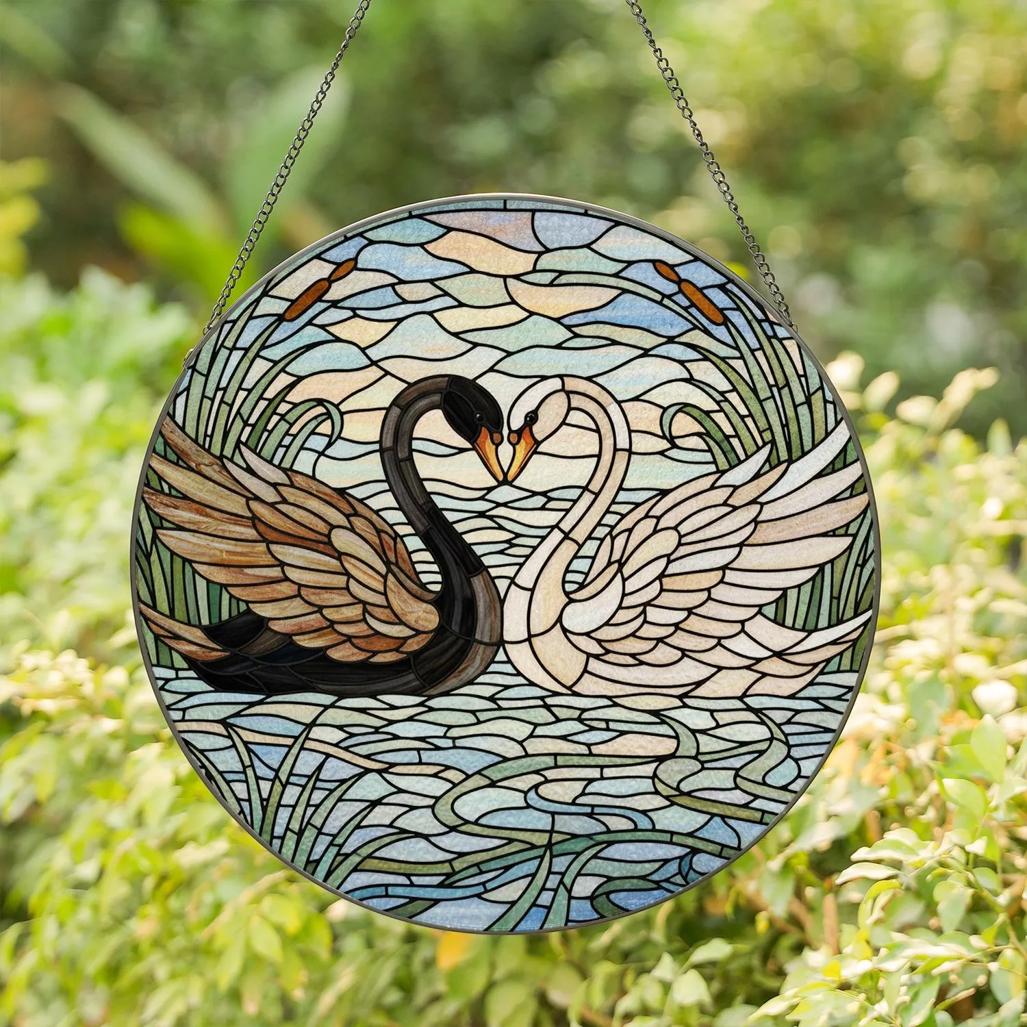 Black Cream Swans Heart Intertwined Necks Stained Glass Art - Tiffany Style Water Reeds Mosaic Decor Stained Glass Suncatcher - 1
