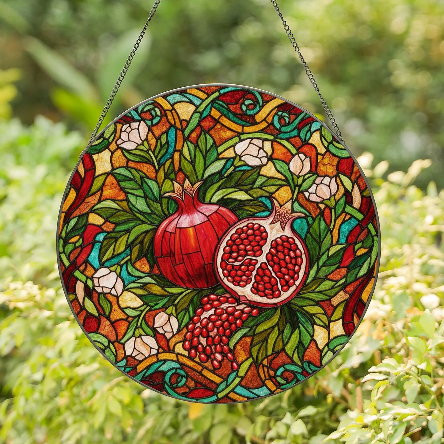 Pomegranate Tiffany Stained Glass Botanical Garden Mosaic - Ruby Red Floral Vines Stained Glass Suncatcher - 1
