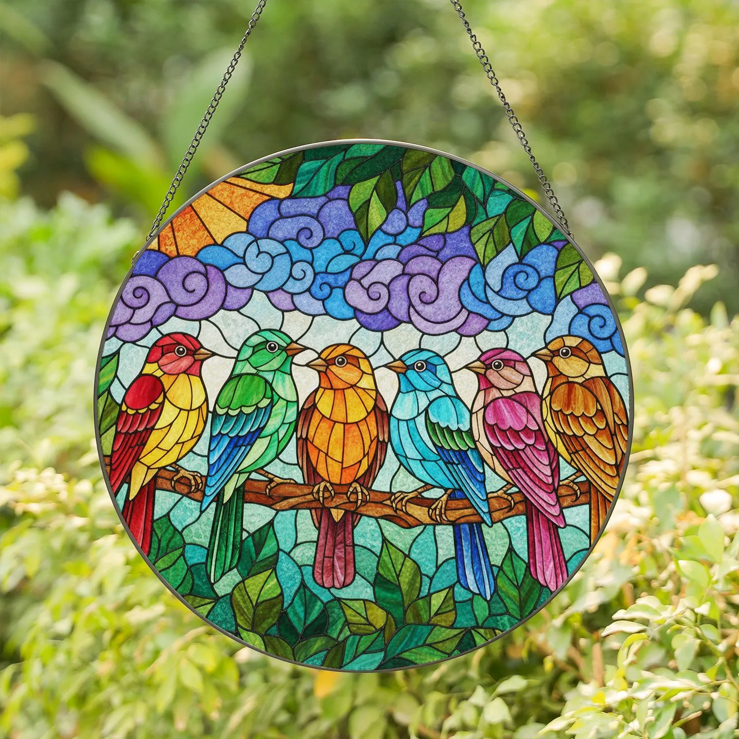 Six Colorful Songbirds Tiffany Stained Glass Mosaic Art - Branch Foliage Jewel Tone Decor Stained Glass Suncatcher - 1