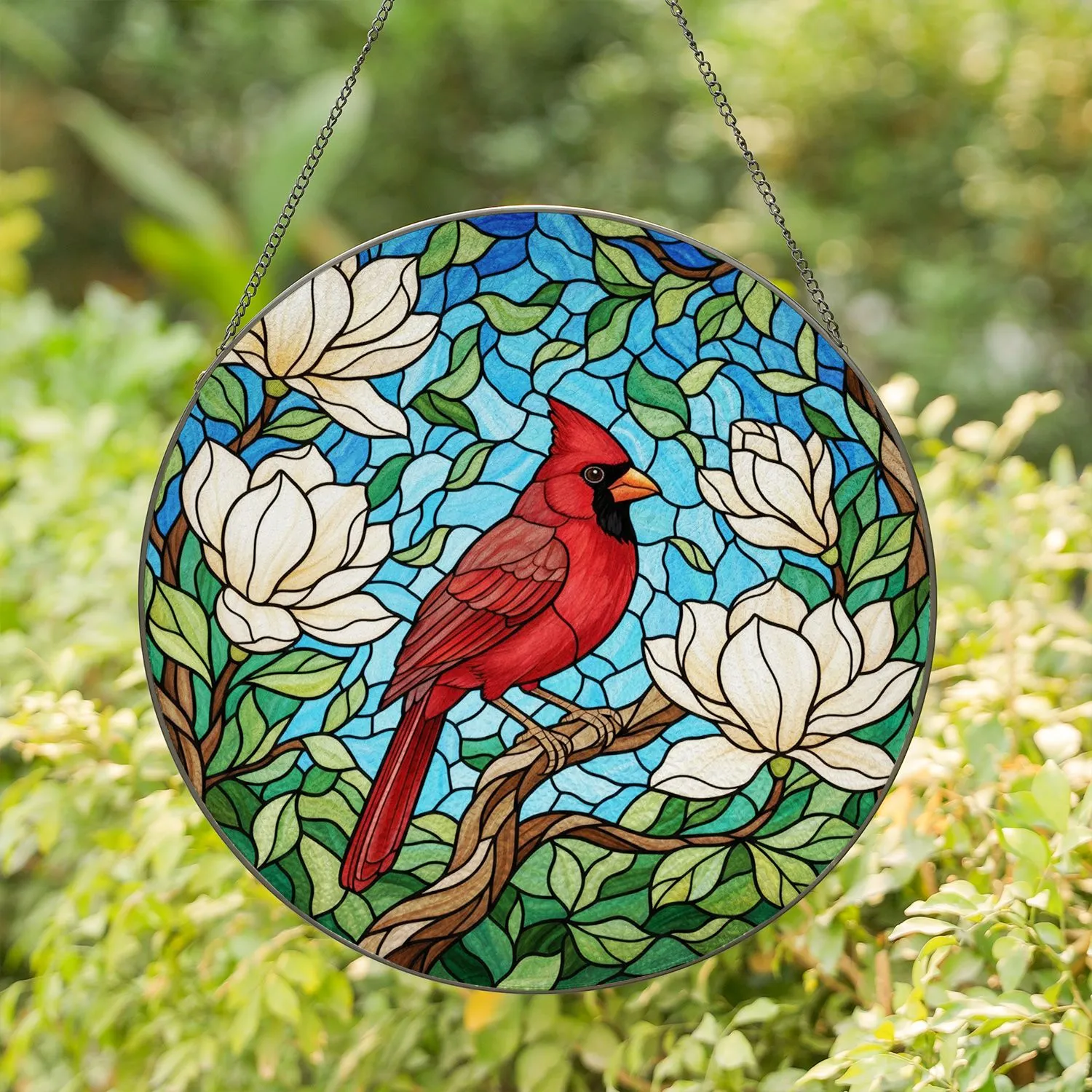 Red Cardinal Magnolia Stained Glass Tiffany Style Art - Nature Inspired Home Decor Gift Stained Glass Suncatcher - 1
