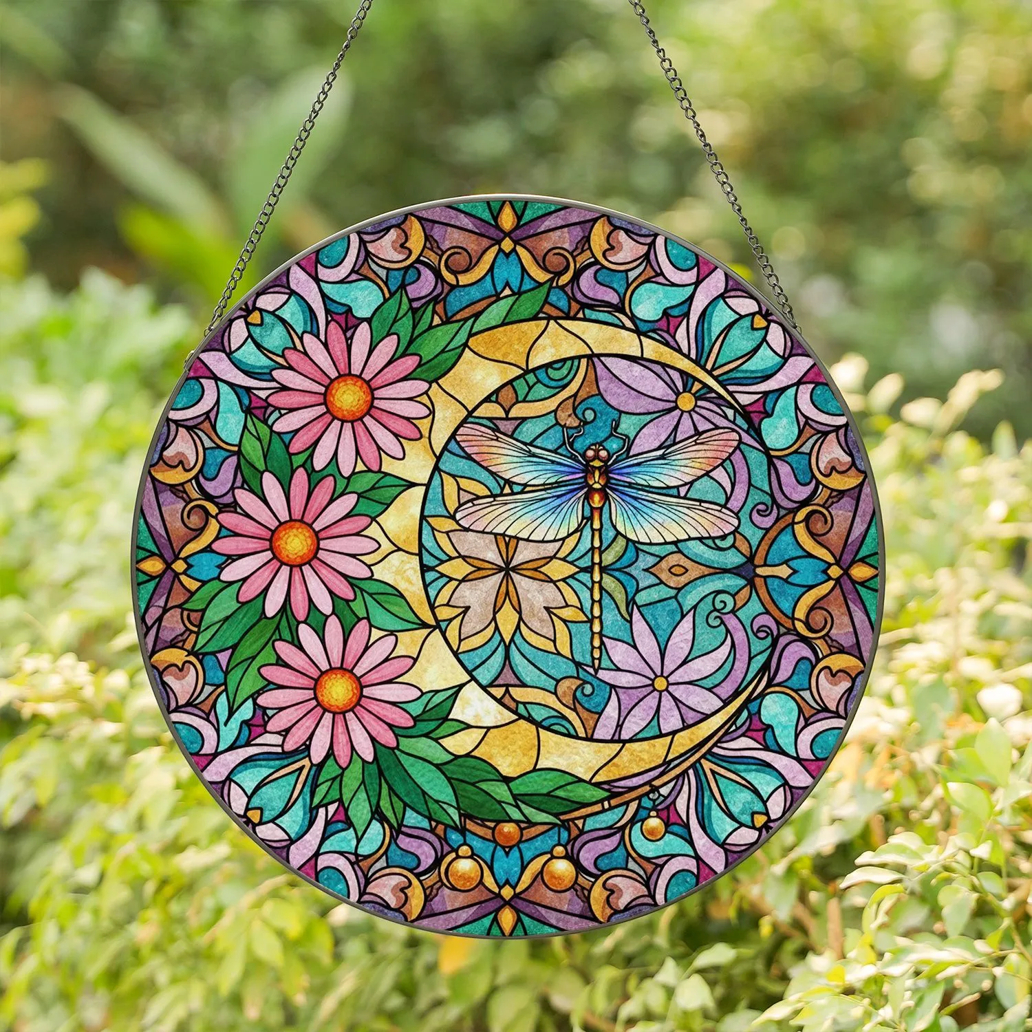 Golden Crescent Moon Dragonfly Daisy Celestial Garden - Tiffany Glass Style Art Stained Glass Suncatcher - 1