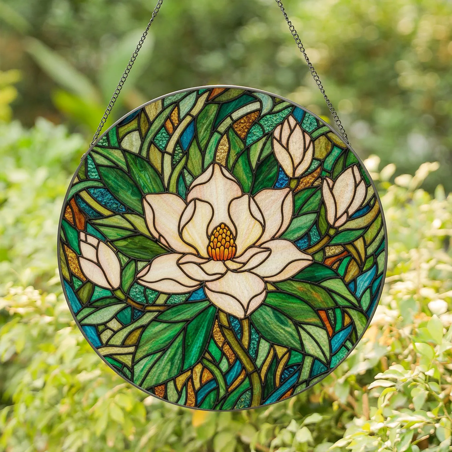 Magnolia Flower Stained Glass Tiffany Style - Botanical Mosaic Intricate Organic Pattern Stained Glass Suncatcher - 1
