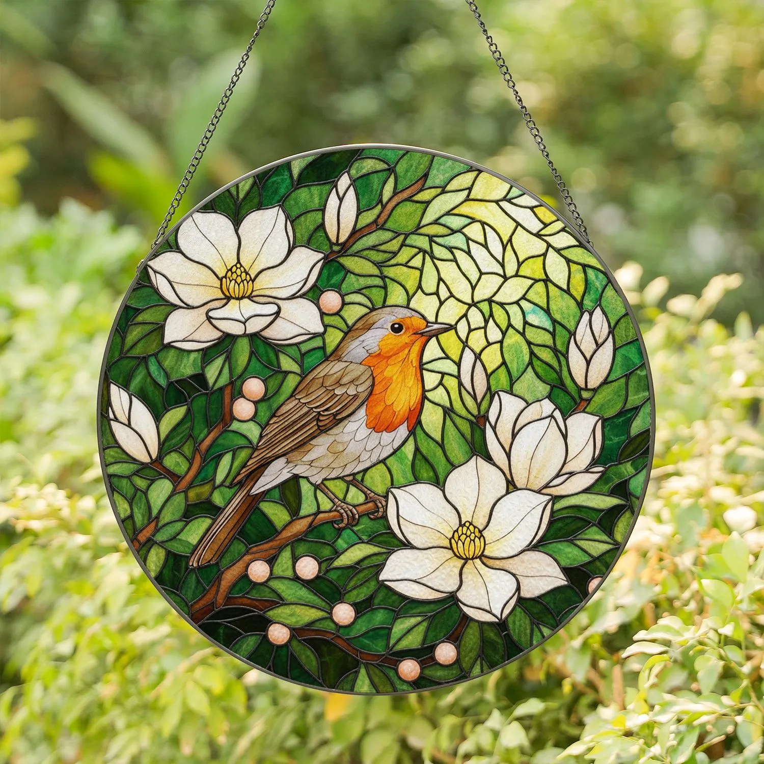 Vibrant Robin Bird Magnolia Flowers Tiffany Stained Glass Art - Lush Green Foliage Mosaic Stained Glass Suncatcher - 1