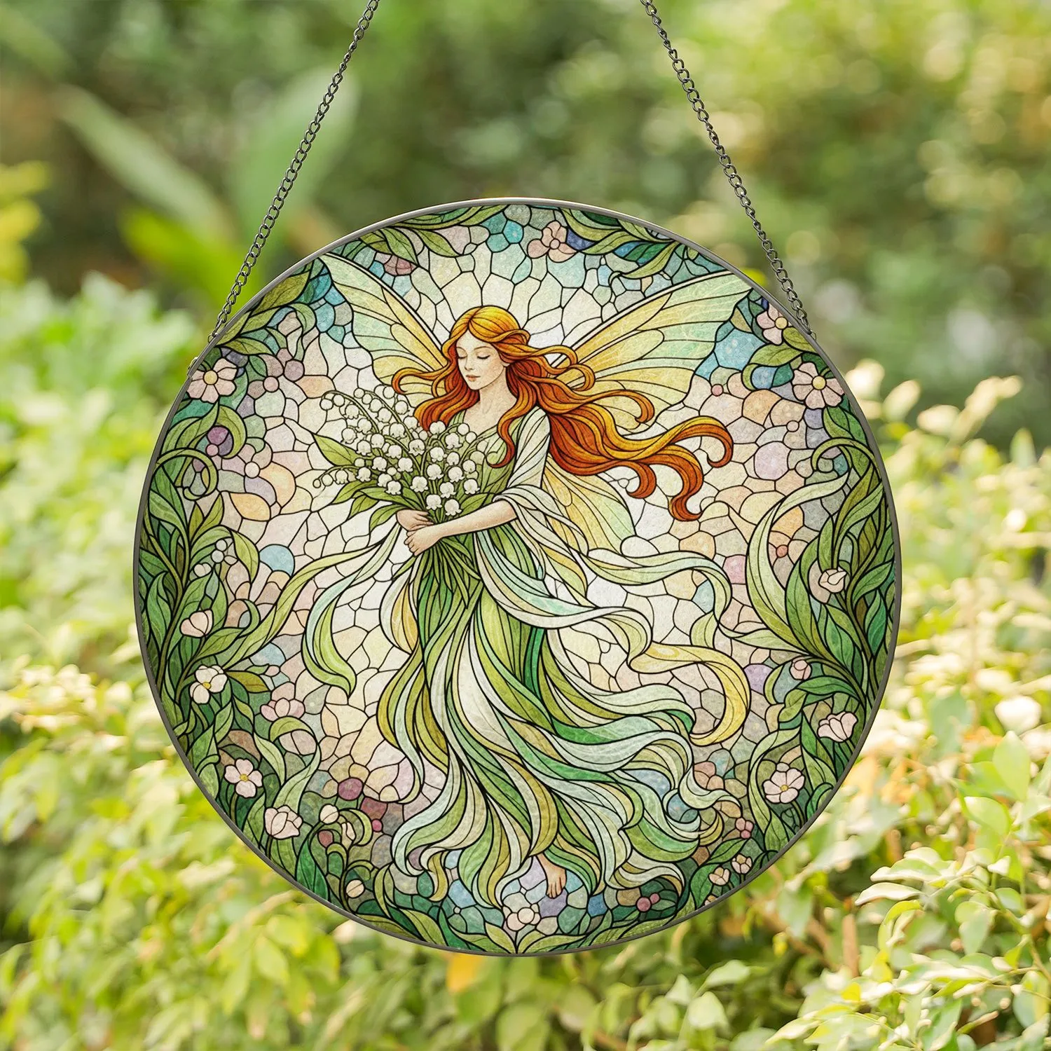 Tiffany Style Fairy with Lily of the Valley Flowers & Emerald Green Foliage Mosaic Artwork Stained Glass Suncatcher - 1