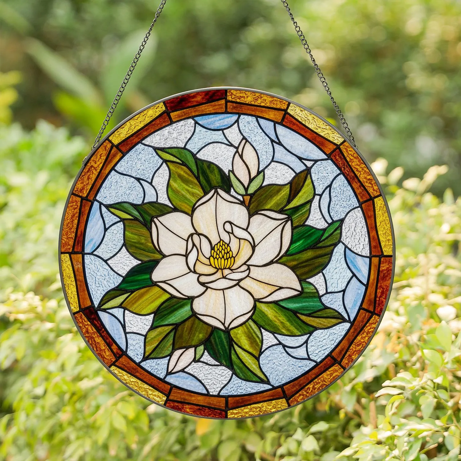 Tiffany Stained Glass White Magnolia Flower Buds - Amber Circular Border Mosaic Sky Art Stained Glass Suncatcher - 1