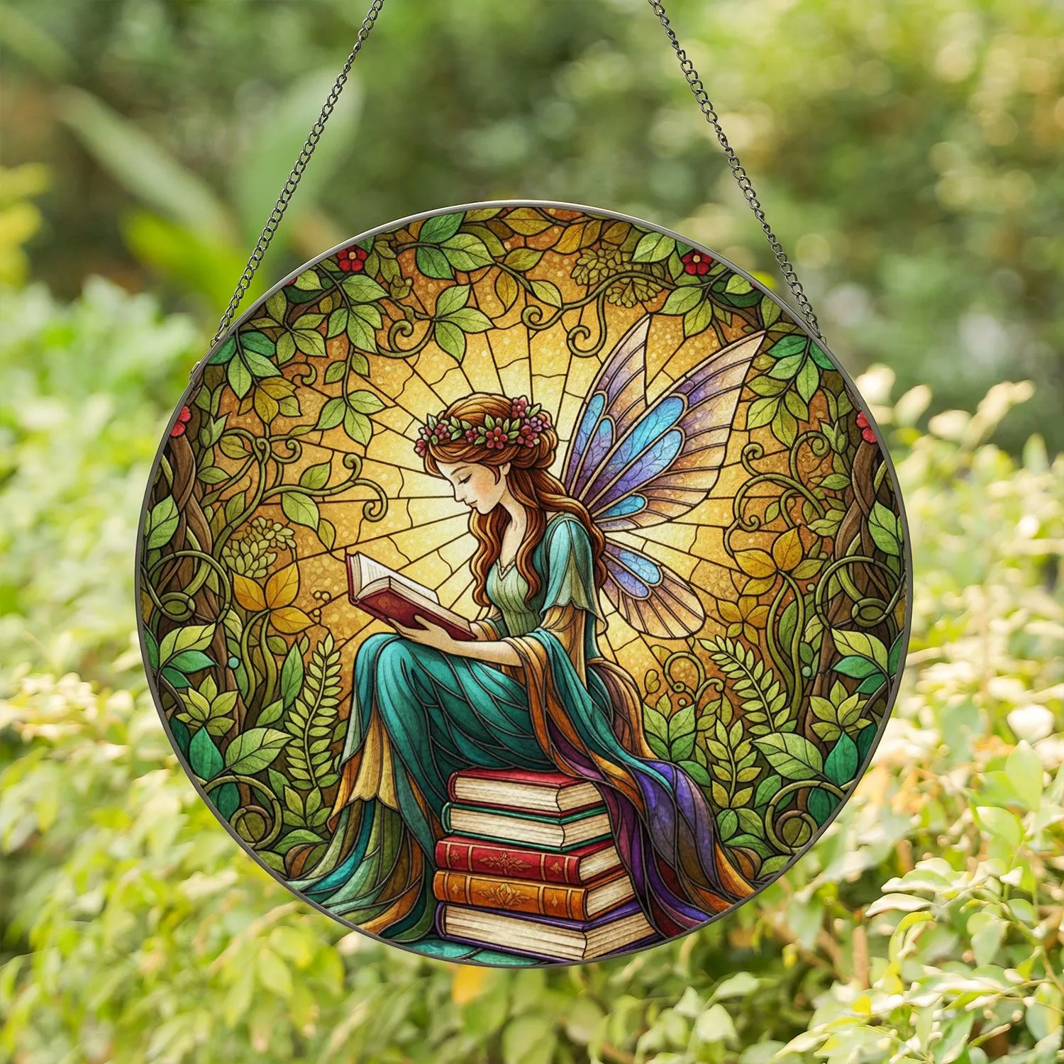 Fairy Reading Stacked Books Tiffany Stained Glass Forest Translucent Jewel Tones Stained Glass Suncatcher - 1