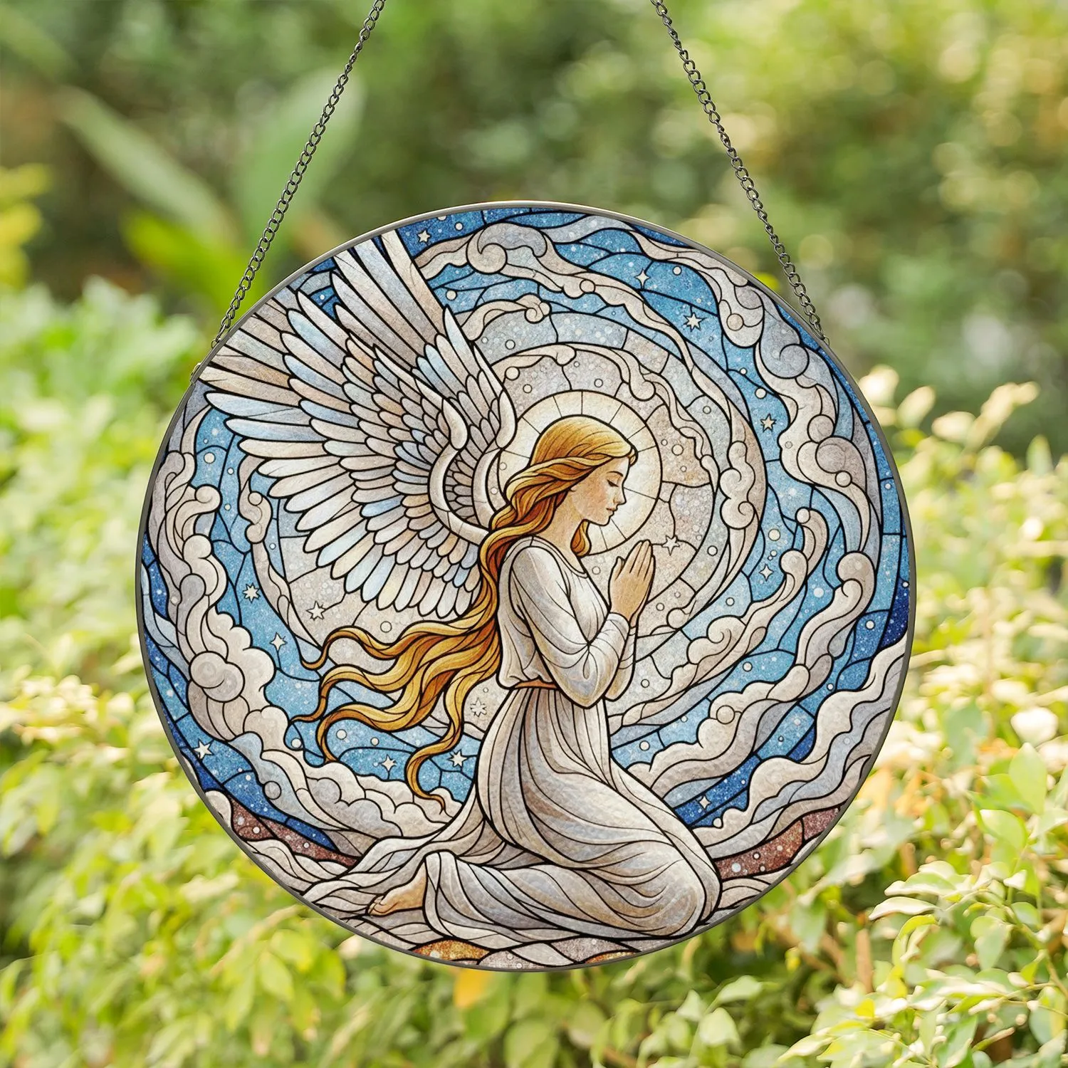Angel Kneeling Praying Stained Glass - Celestial Sky Stars Tiffany Style Stained Glass Suncatcher - 1