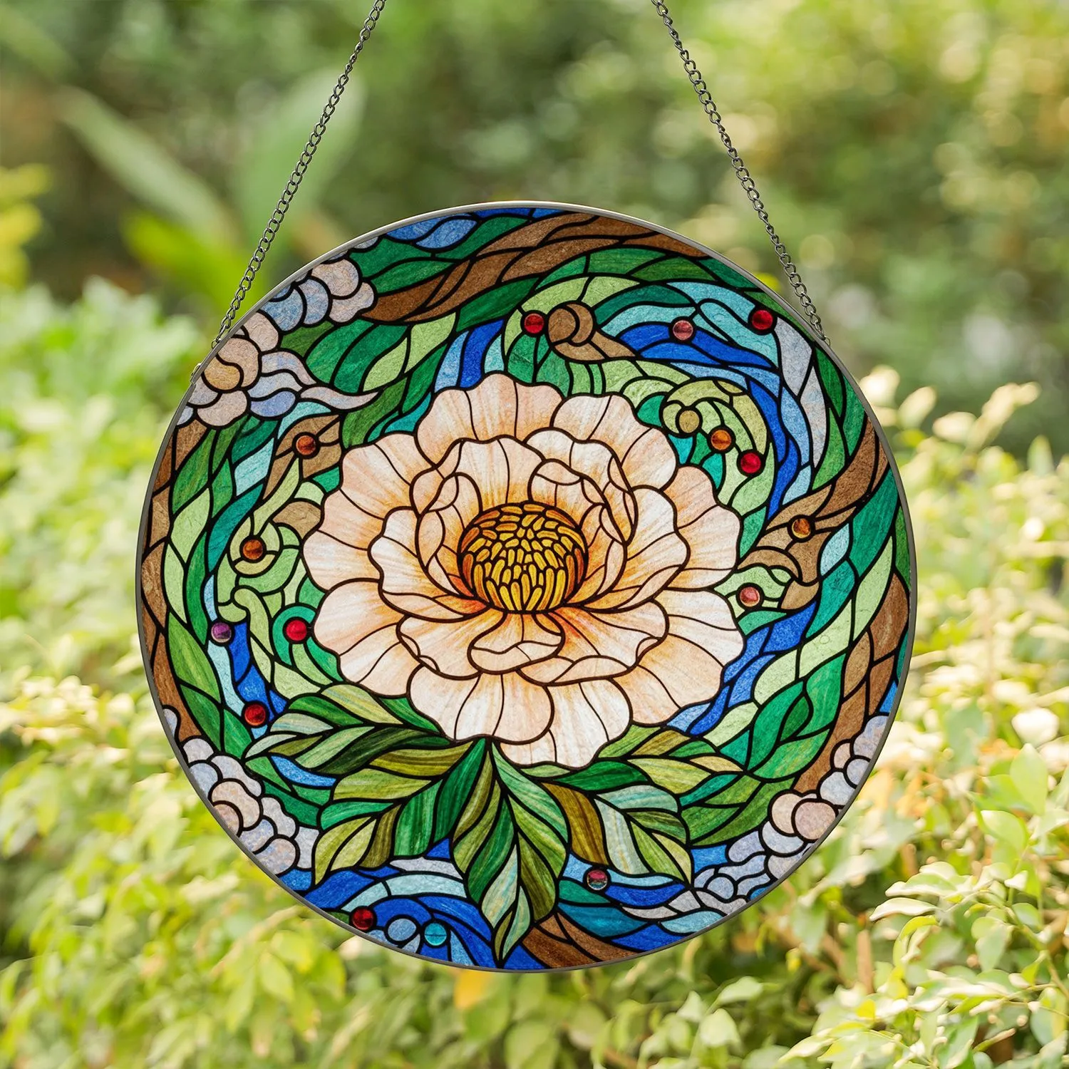 Tiffany Stained Glass Camellia Peony Bloom Jewel Tone Mosaic Art Home Decor Stained Glass Suncatcher - 1