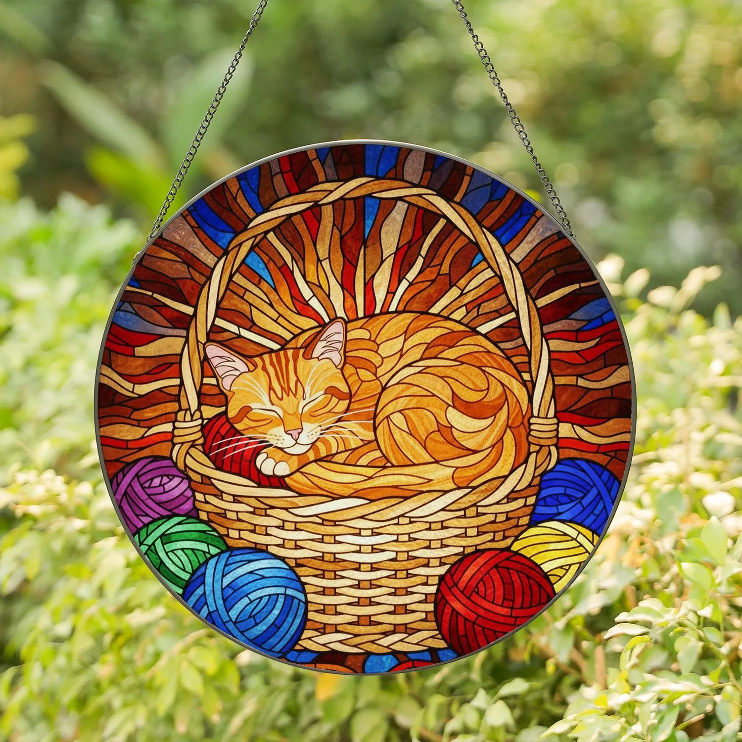 Orange Tabby Cat Sleeping Yarn Balls Stained Glass - Wicker Basket Pet Lover Gift Stained Glass Suncatcher - 1