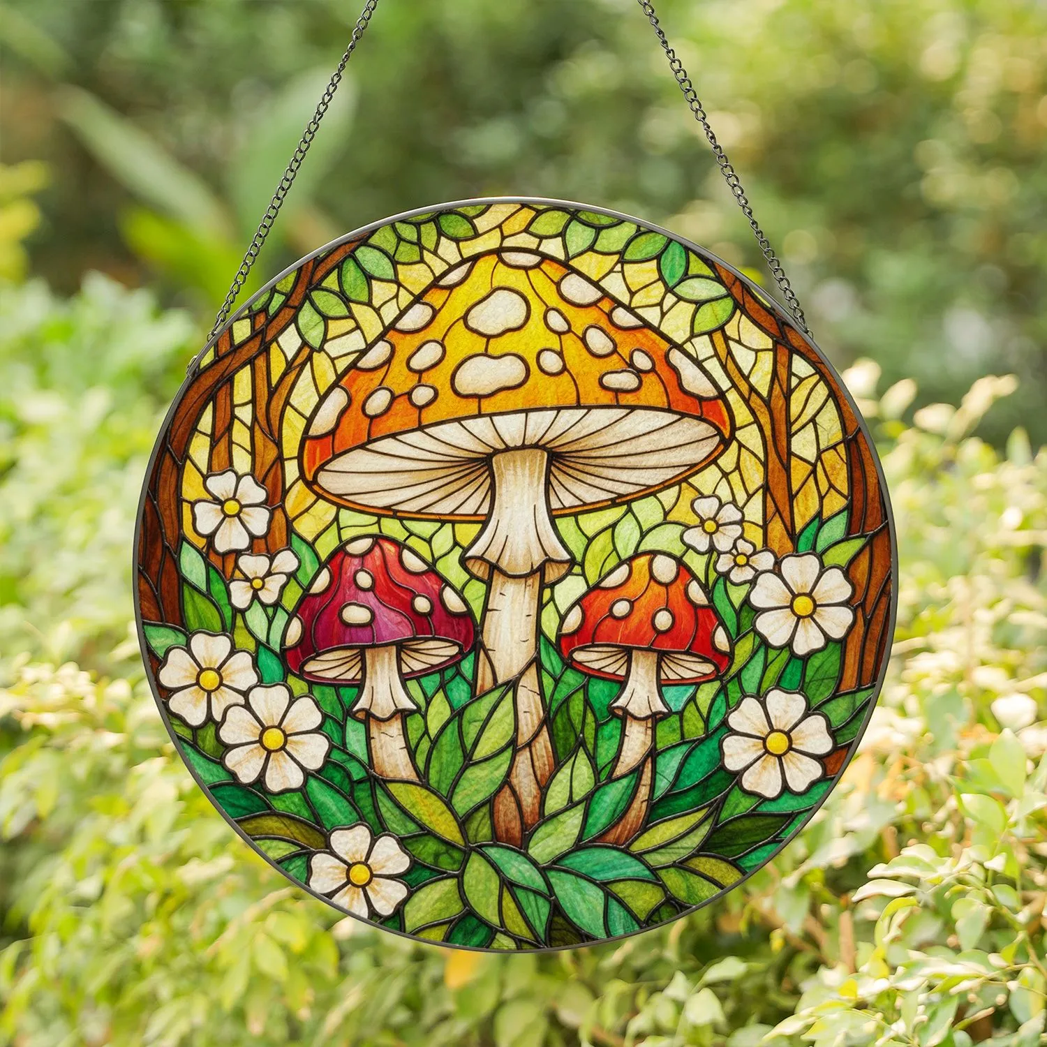 Stained Glass Toadstool Mushroom Forest Foliage Dappled Sunlight Tiffany Art Glowing Jewels Stained Glass Suncatcher - 1