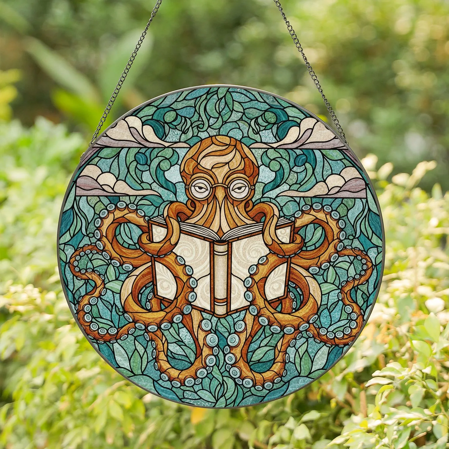 Stained Glass Scholarly Octopus Reading Book - Tiffany Jewel Tone Art & Intricate Mosaic Stained Glass Suncatcher - 1