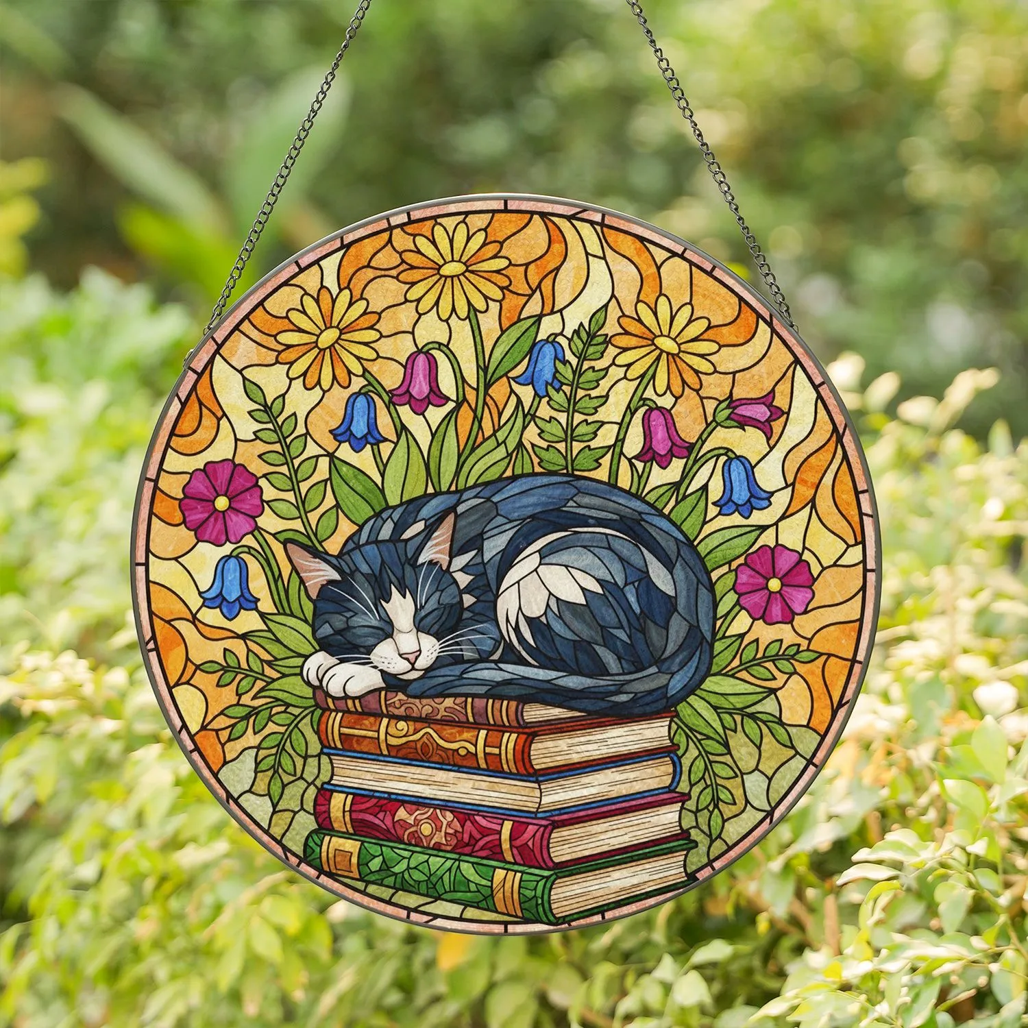 Colorful Intricate Tiffany Stained Glass Sleeping Tuxedo Cat Books Wildflowers Mosaic Abstract Patterns Stained Glass Suncatcher - 1