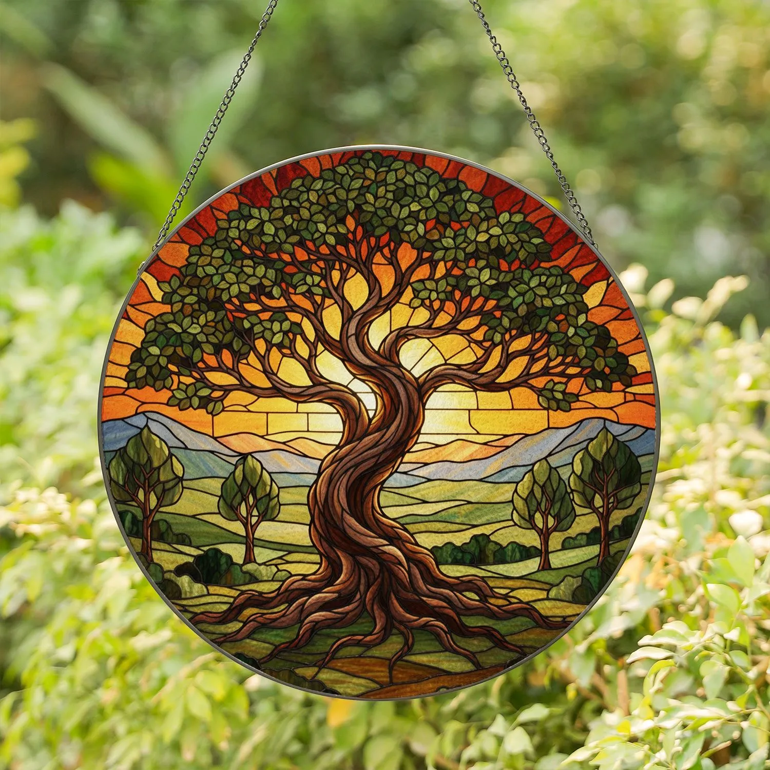 Majestic Gnarled Tree Tiffany Stained Glass Landscape Art - Rolling Hills Mountains Stained Glass Suncatcher - 1