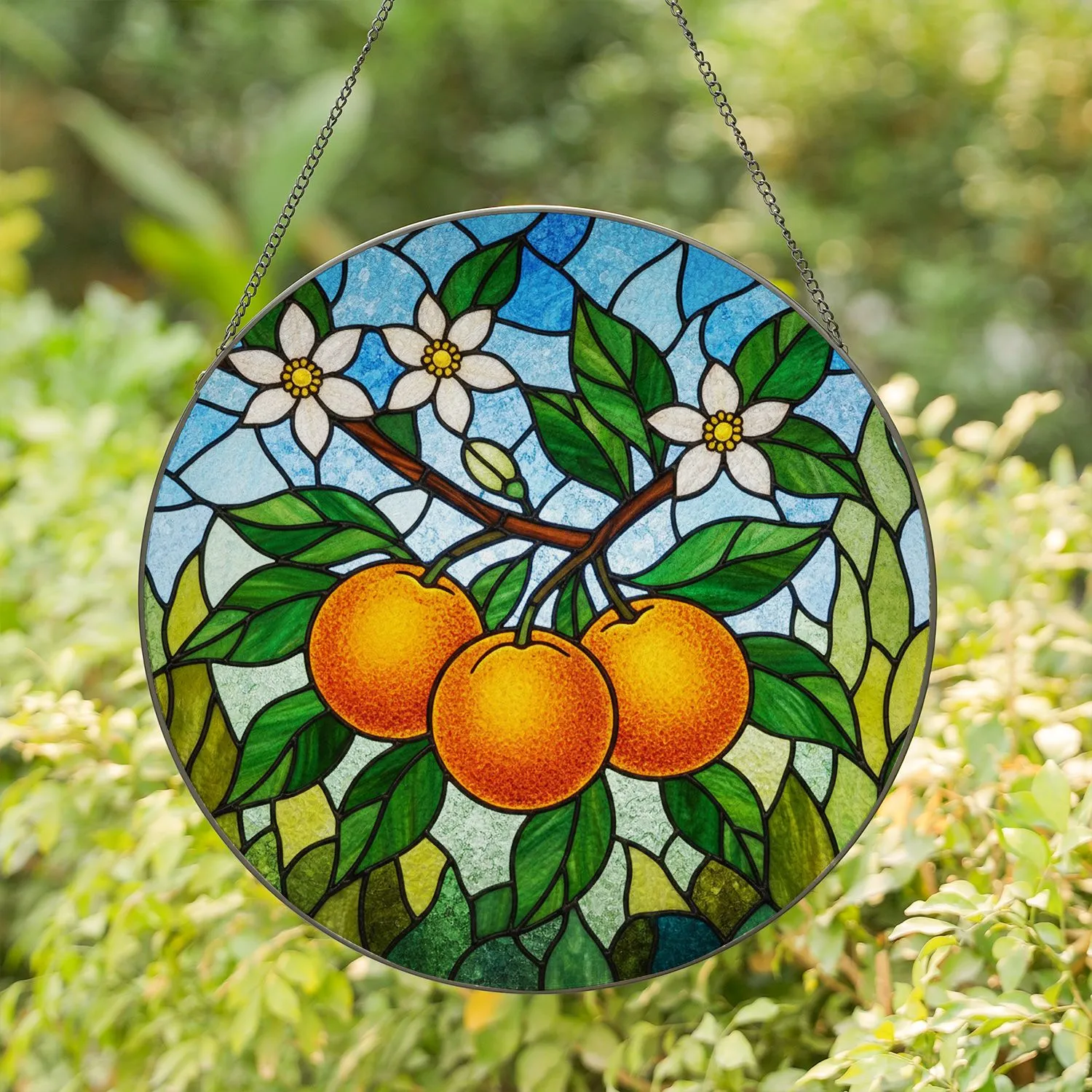 Tiffany Style Stained Glass Oranges Blossom Leaves Detailed Mosaic Art Stained Glass Suncatcher - 1