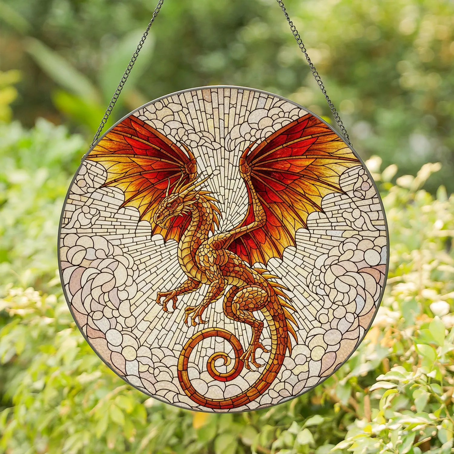 Majestic Winged Dragon Stained Glass Art Dynamic Flight - Tiffany Celestial Jewel Tones Stained Glass Suncatcher - 1