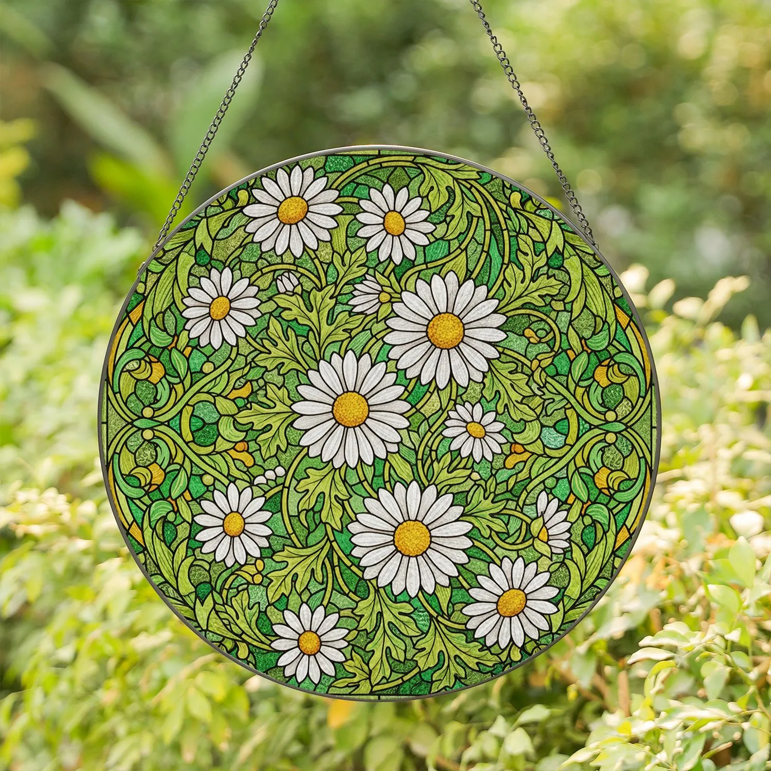 Tiffany Style Stained Glass Daisy Mosaic - Emerald Green Amber White Floral Art Decor Stained Glass Suncatcher - 1