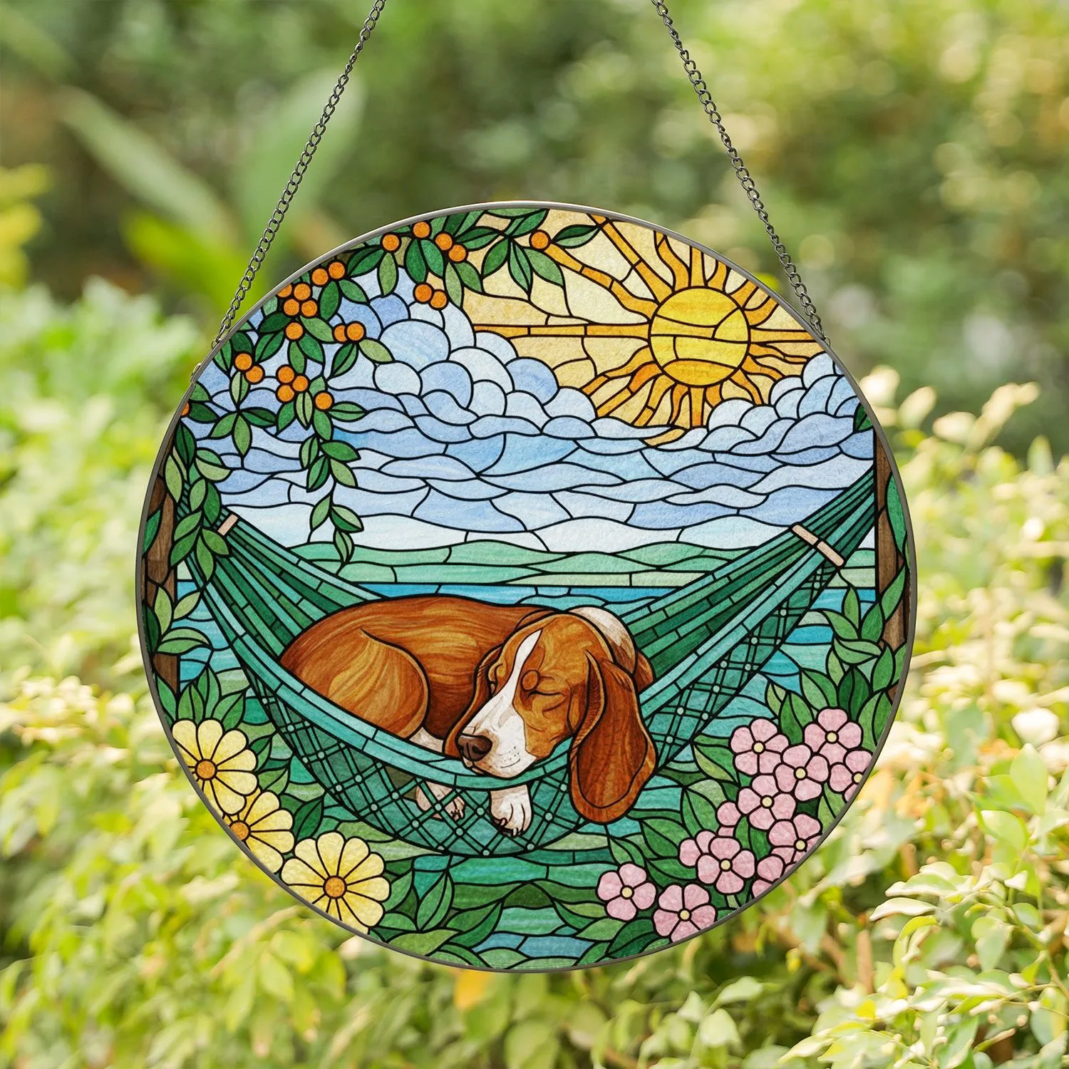 Tiffany Style Sleeping Dog Hammock Stained Glass - Beagle Basset Hound Sun & Flowers Stained Glass Suncatcher - 1