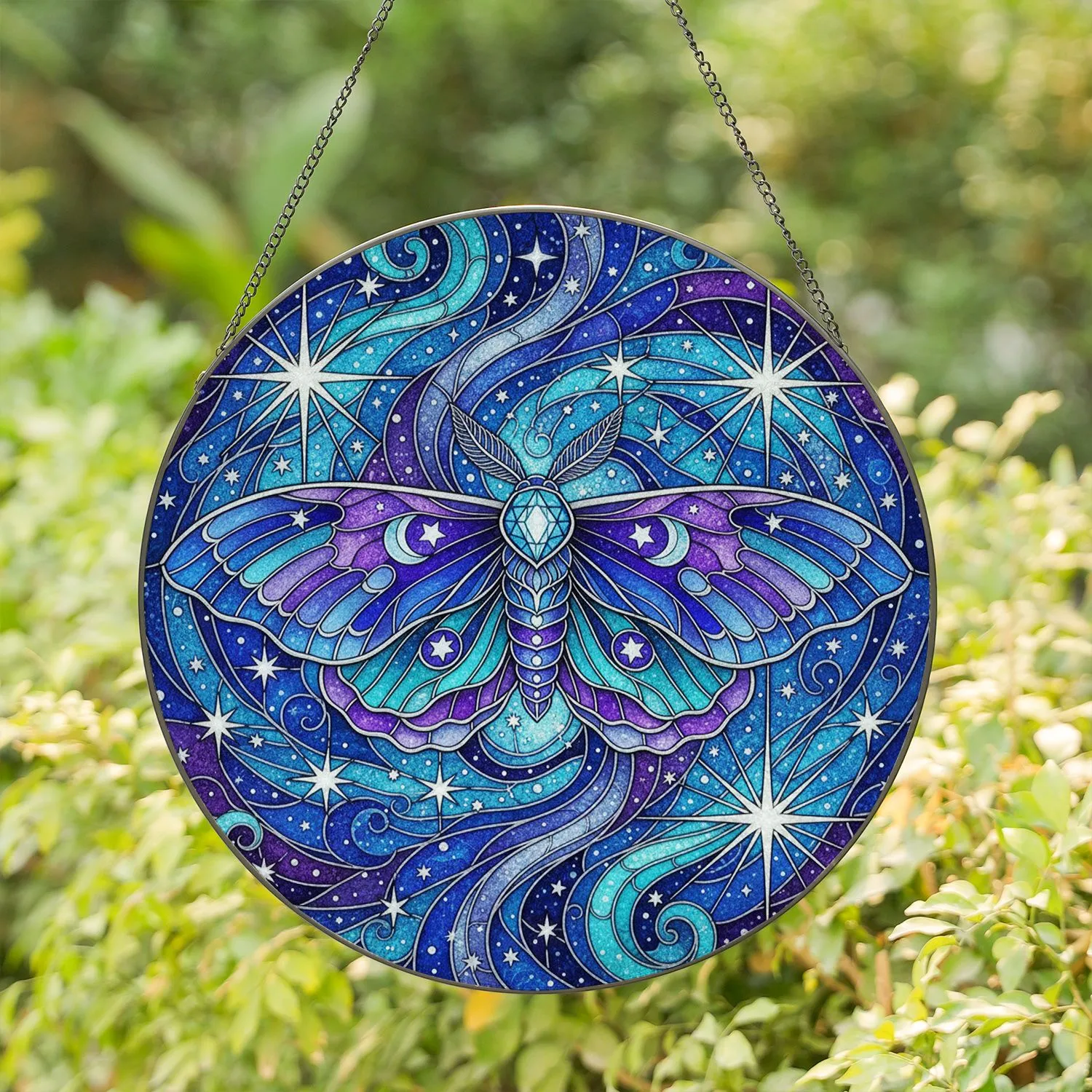 Celestial Moth Tiffany Stained Glass Cosmic Night Sky Art, Intricate Jewel Tones, Moons, Nebulae Stained Glass Suncatcher - 1