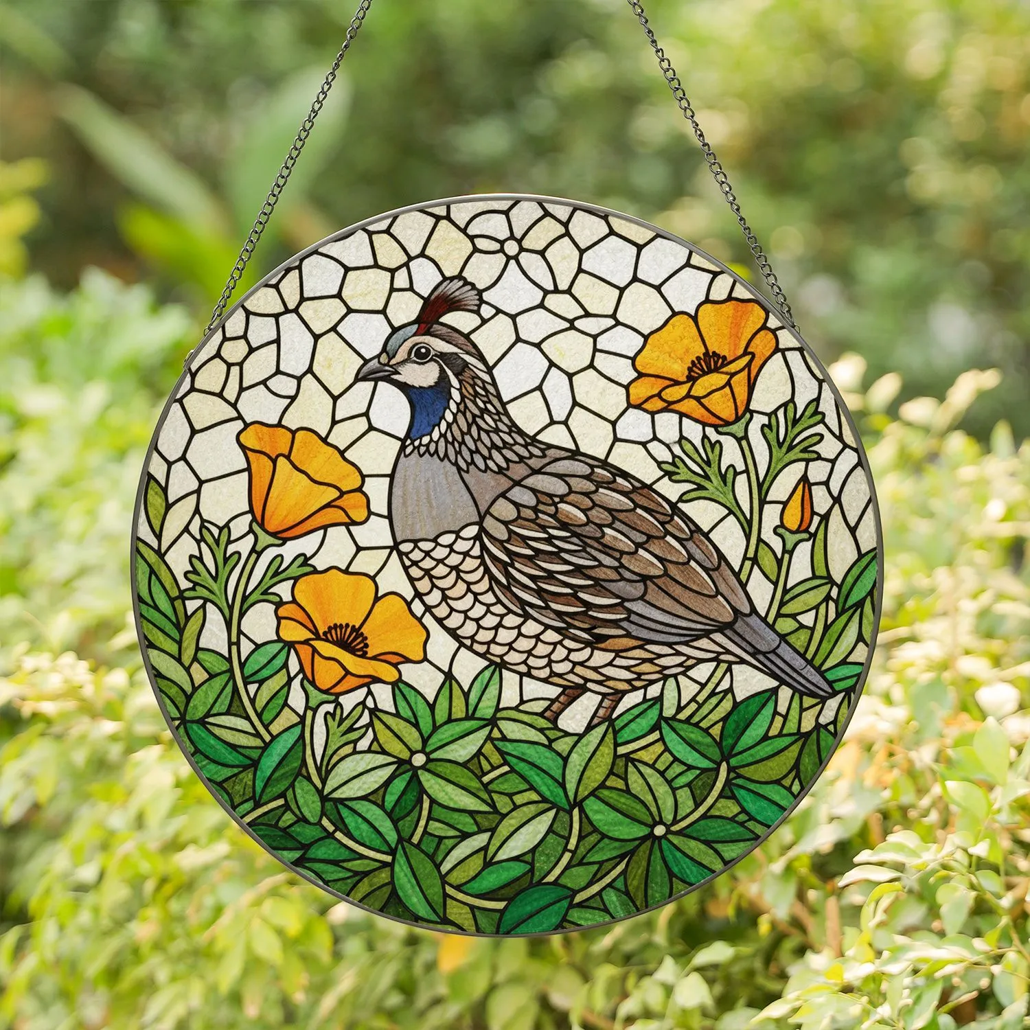 Highly Detailed California Quail Stained Glass Art - Tiffany Style Poppies & Leaves Stained Glass Suncatcher - 1