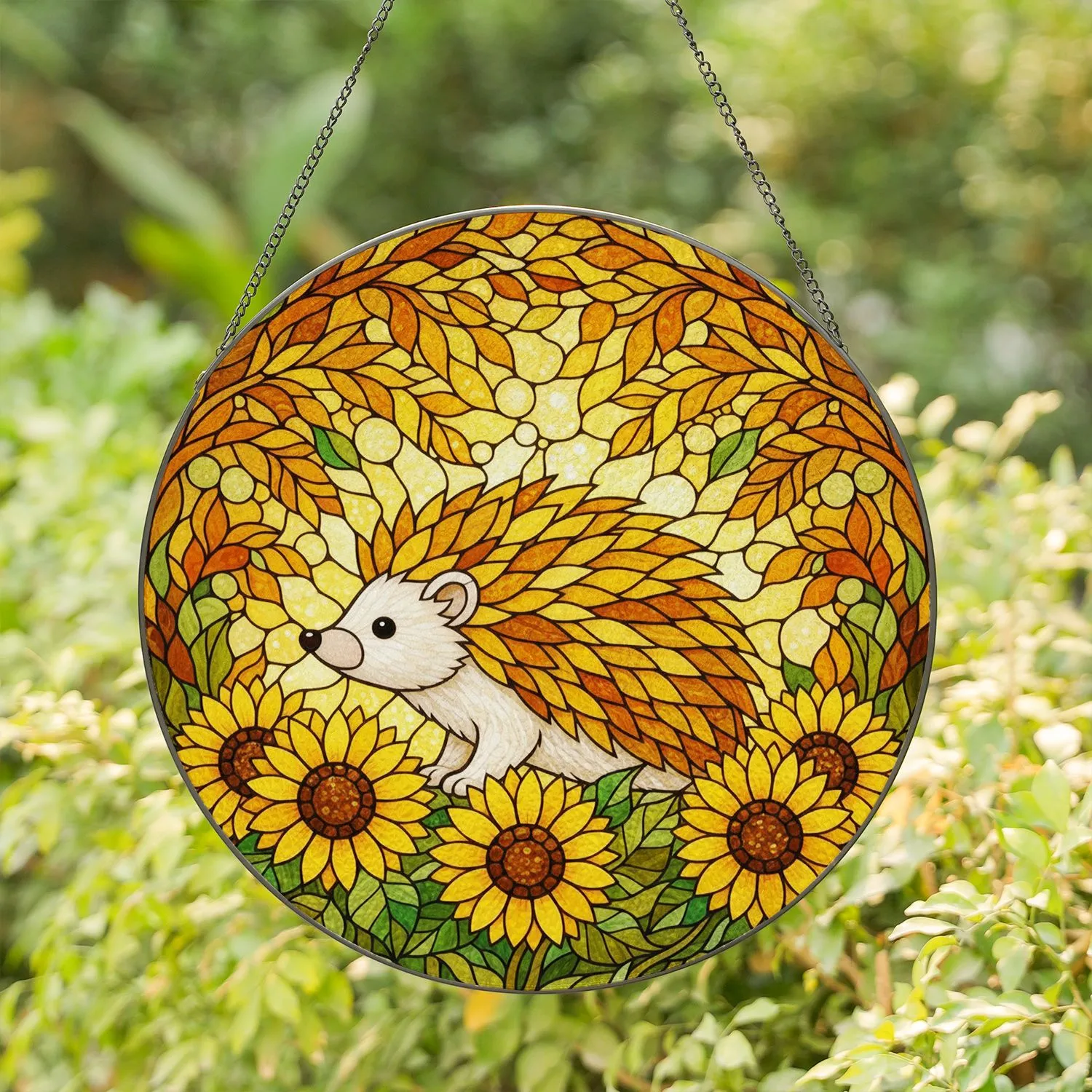 Hedgehog Sunflower Autumn Leaves Stained Glass Mosaic Dappled Light Stained Glass Suncatcher - 1