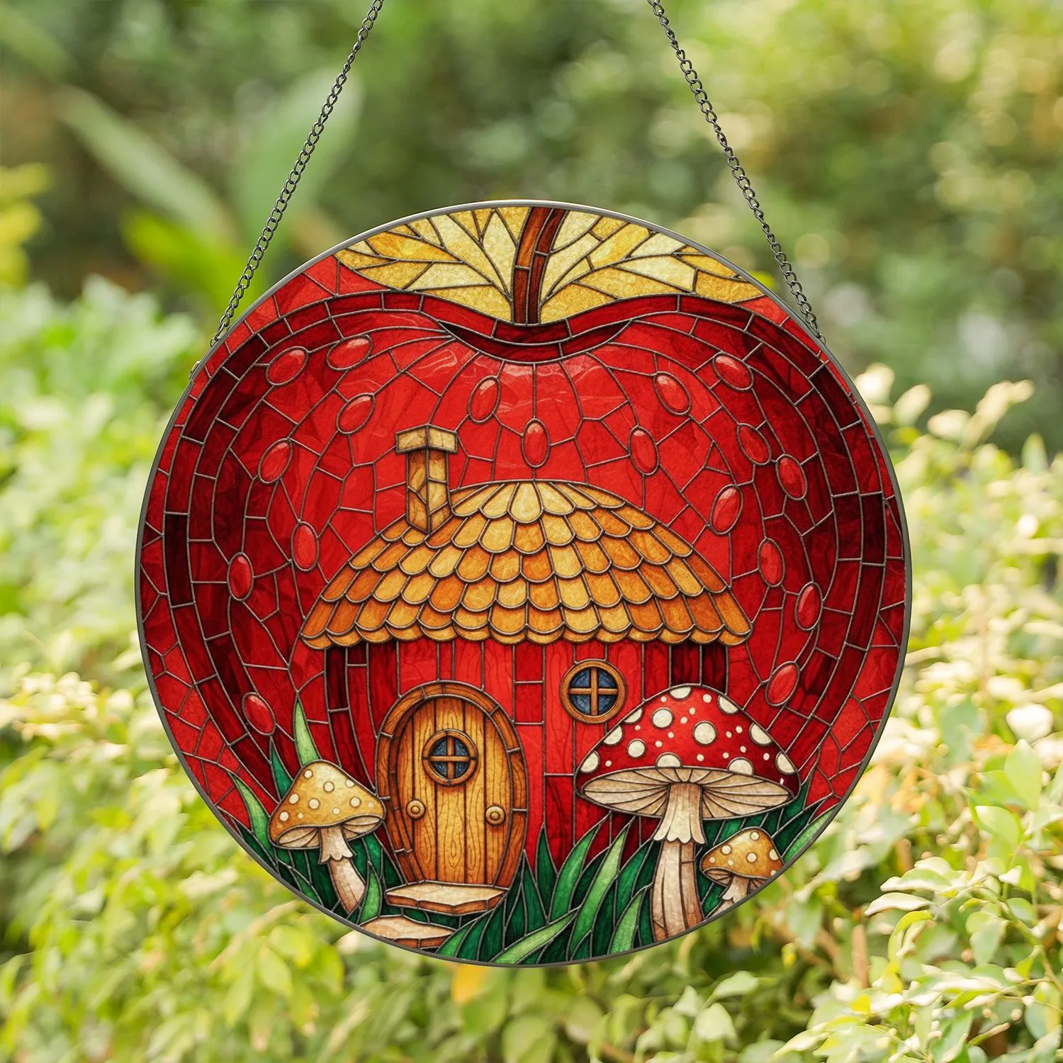 Red Apple Fairy House Stained Glass - Fantasy Mushroom Mosaic Tiffany Jewel Tones Stained Glass Suncatcher - 1