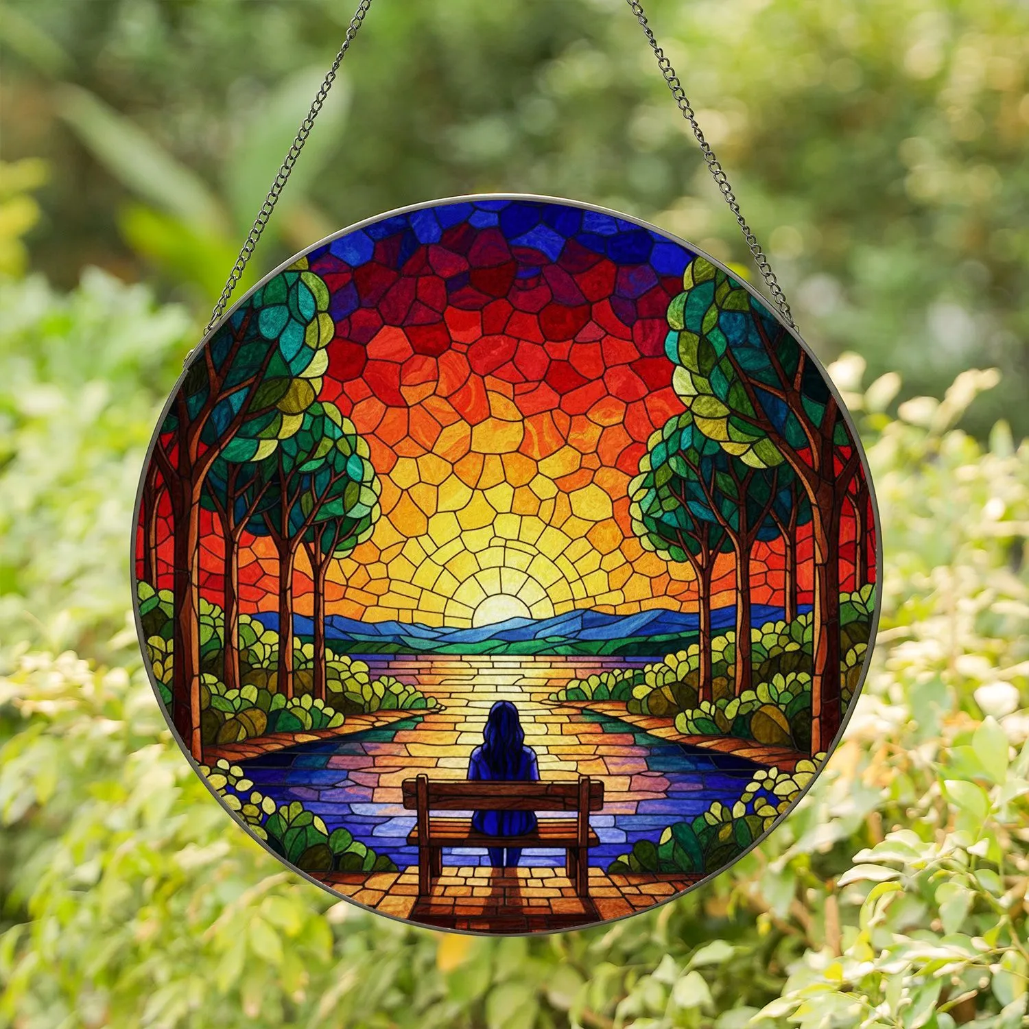 Tiffany Style Stained Glass Sunset Pathway Art - Silhouetted Figure Bench Scene Window Decor Stained Glass Suncatcher - 1