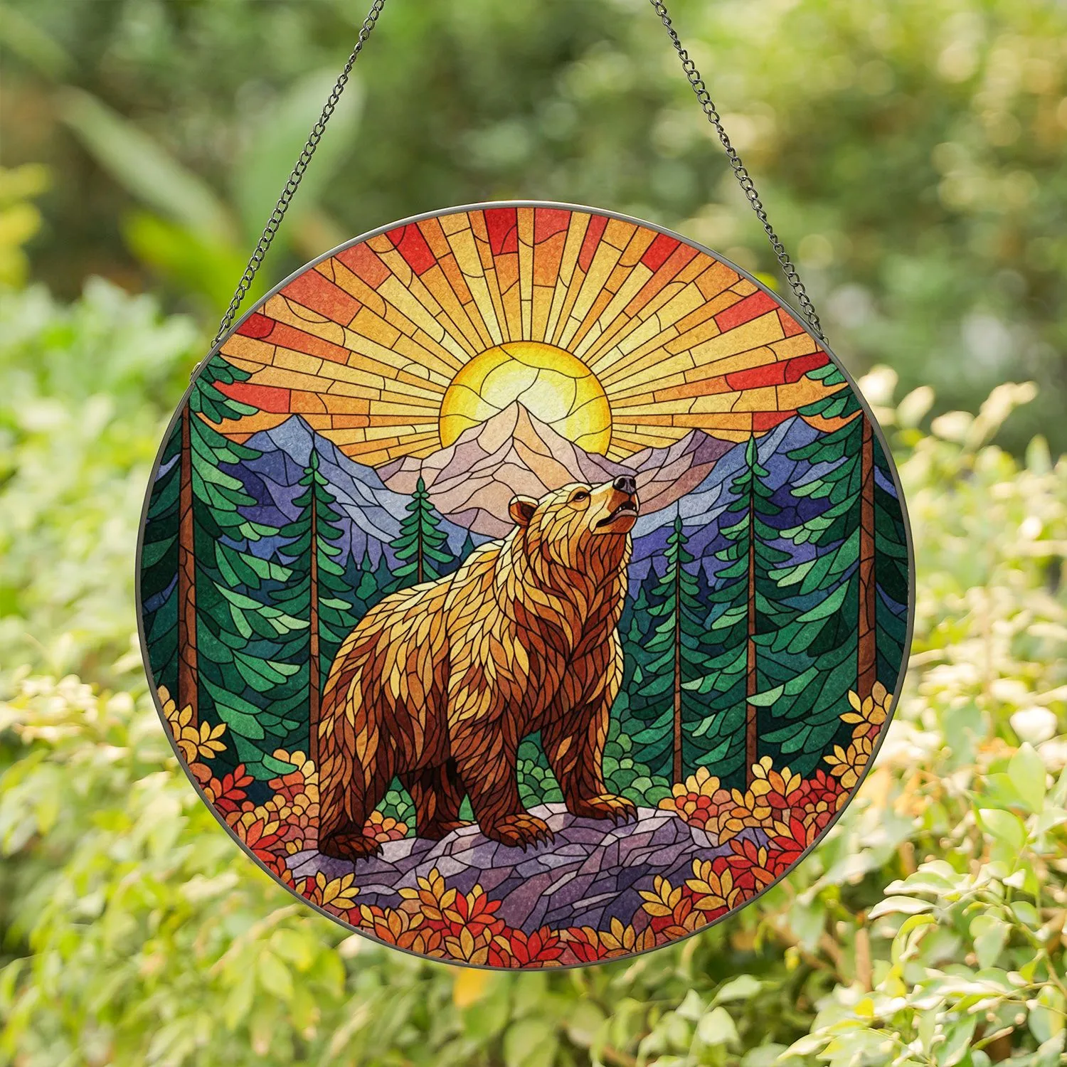Grizzly Bear Stained Glass Sunset Mountain Evergreen Forest Autumn Foliage Decor Stained Glass Suncatcher - 1