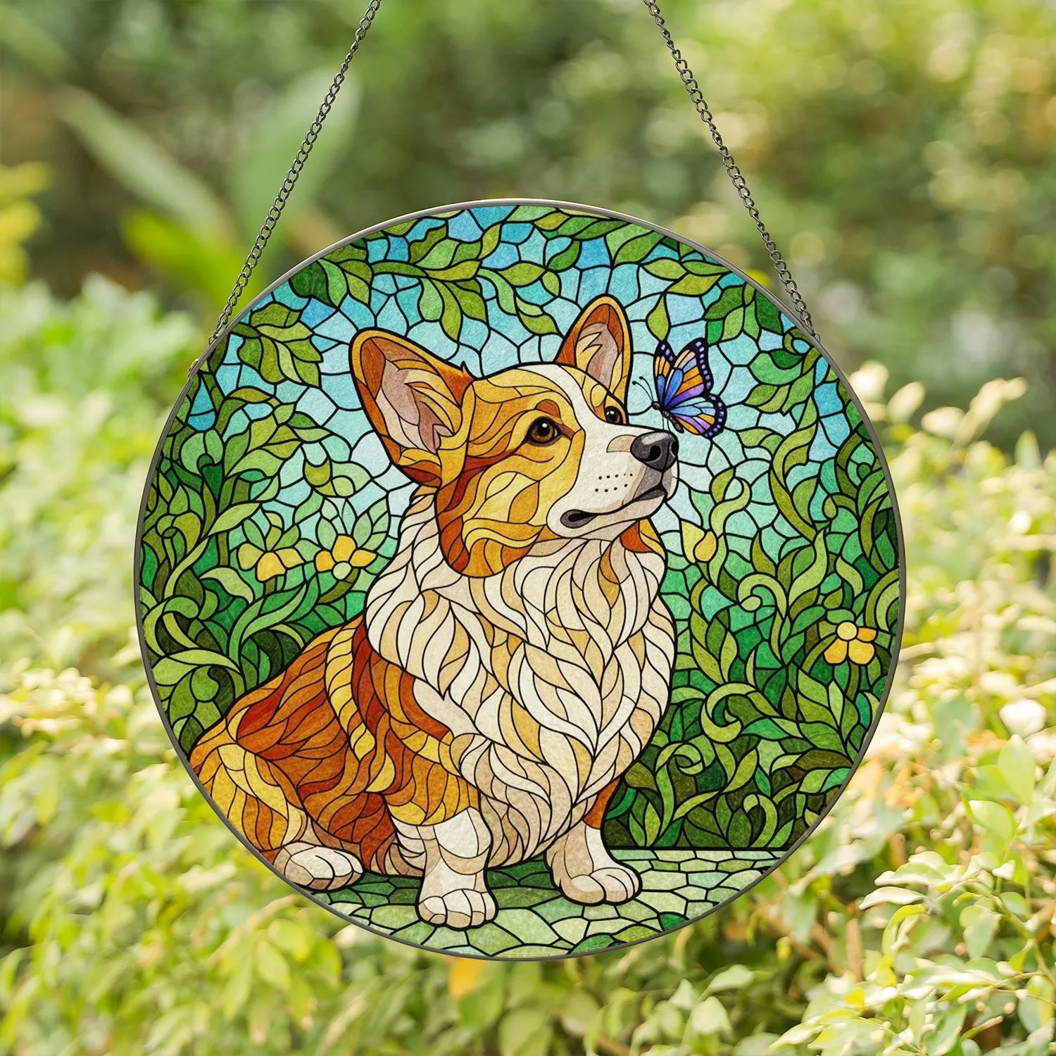 Corgi Dog Butterfly Stained Glass Mosaic - Intricate Jewel Tone Tiffany Art & Greenery Stained Glass Suncatcher - 1