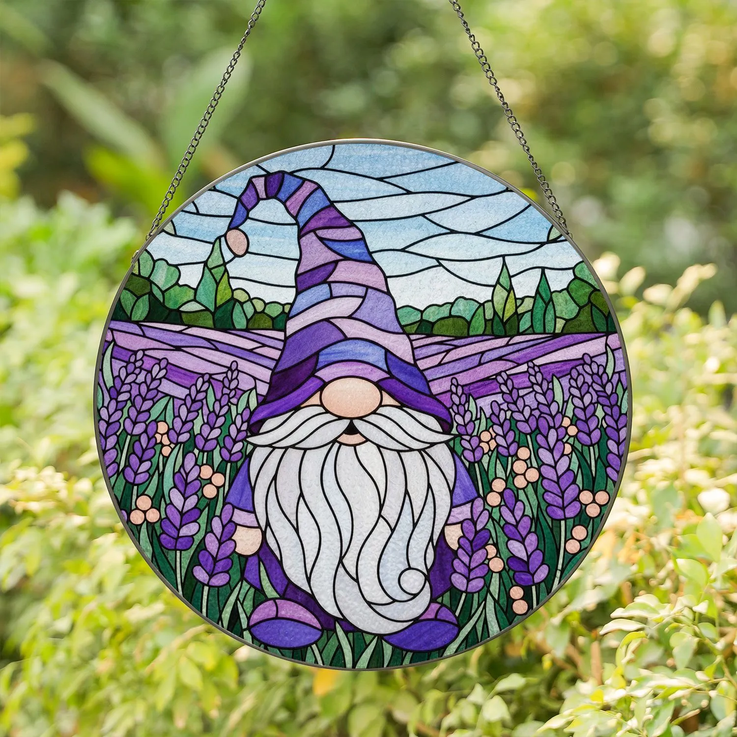 Intricate Stained Glass Gnome Lavender Garden Peach Berry Purple Hat Translucent Mosaic Stained Glass Suncatcher - 1