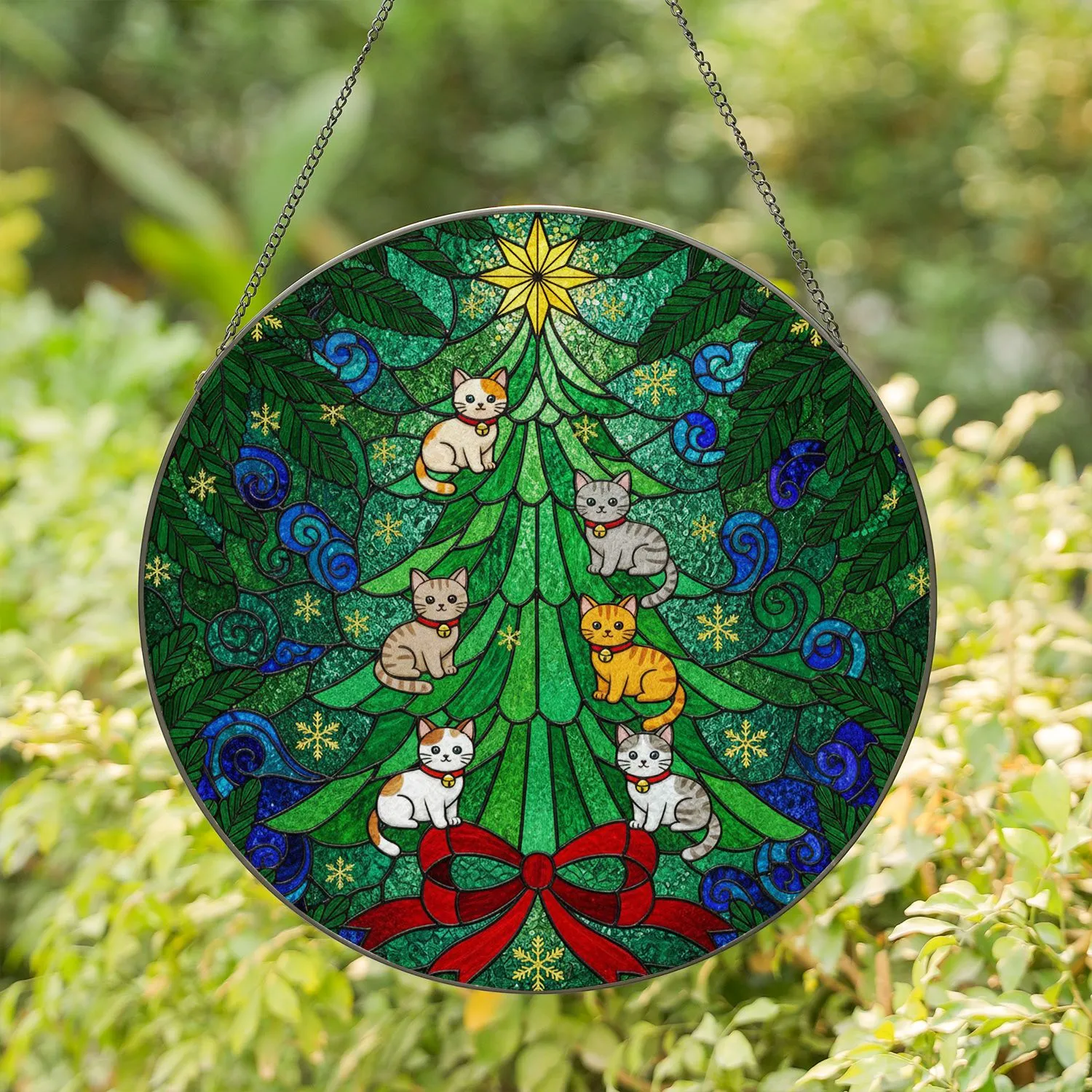 Christmas Tree Seven Cats Stained Glass Star Bow Pine Snowflakes Holiday Gift Stained Glass Suncatcher - 1