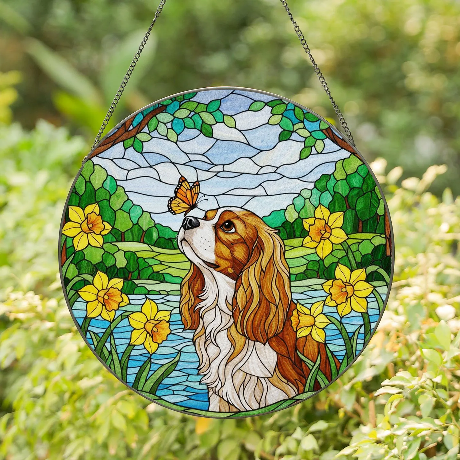 Cavalier King Charles Spaniel Dog Butterfly Daffodil Tiffany Stained Glass Art Gift Stained Glass Suncatcher - 1
