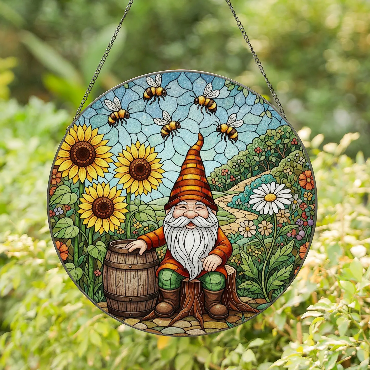 Jovial Garden Gnome Sunflowers Bumblebees Tiffany Glass Garden Mosaic Scene Art Stained Glass Suncatcher - 1