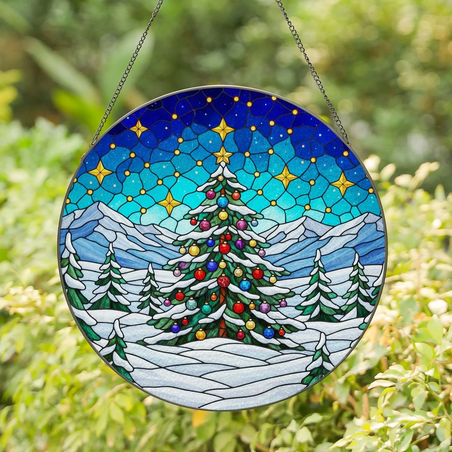 Christmas Tree Stained Glass Winter Wonderland Starry Night Sky - Holiday Decor Gift Stained Glass Suncatcher - 1