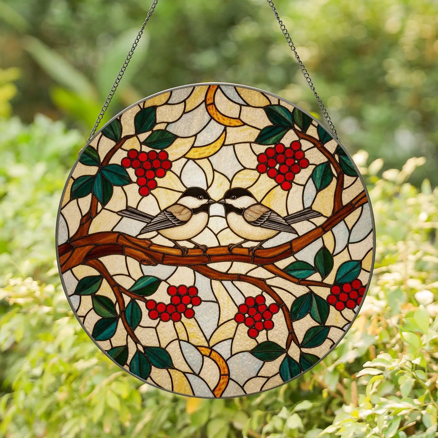 Chickadee Birds Stained Glass Art - Tiffany Style Mosaic Berries & Green Foliage Stained Glass Suncatcher - 1