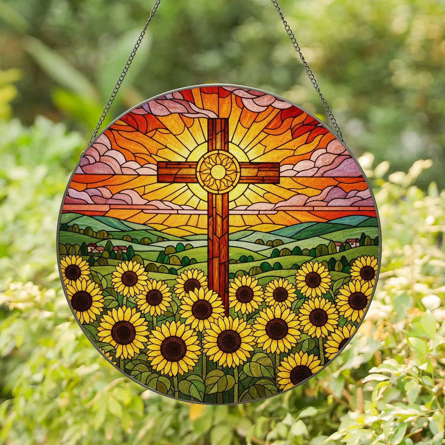 Tiffany Stained Glass Wooden Cross Sunflowers Sunset Sky - Nature Landscape Home Decor Gift Stained Glass Suncatcher - 1